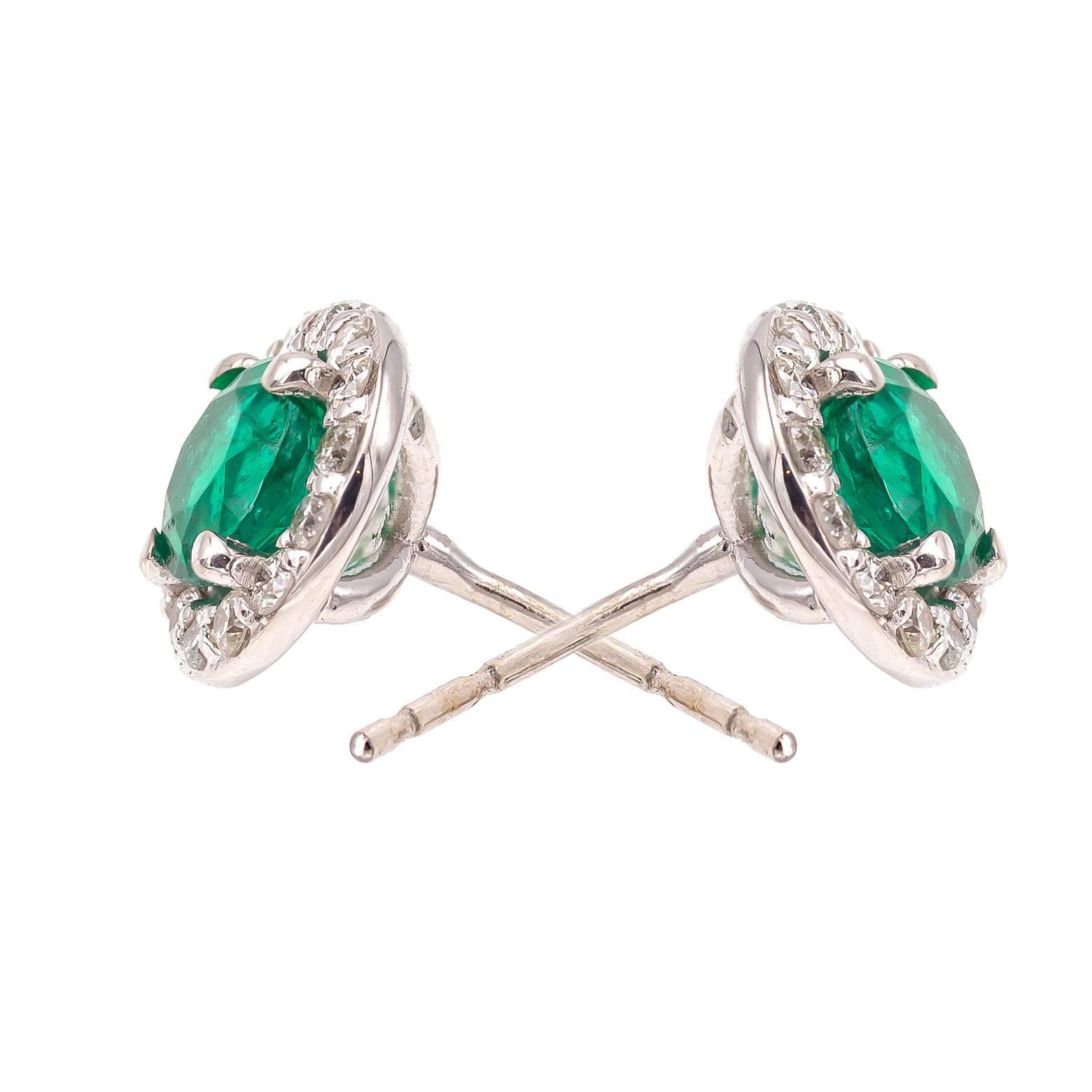 Bright Green Emerald Earring with Diamond Halo  In Excellent Condition In Berkeley, CA
