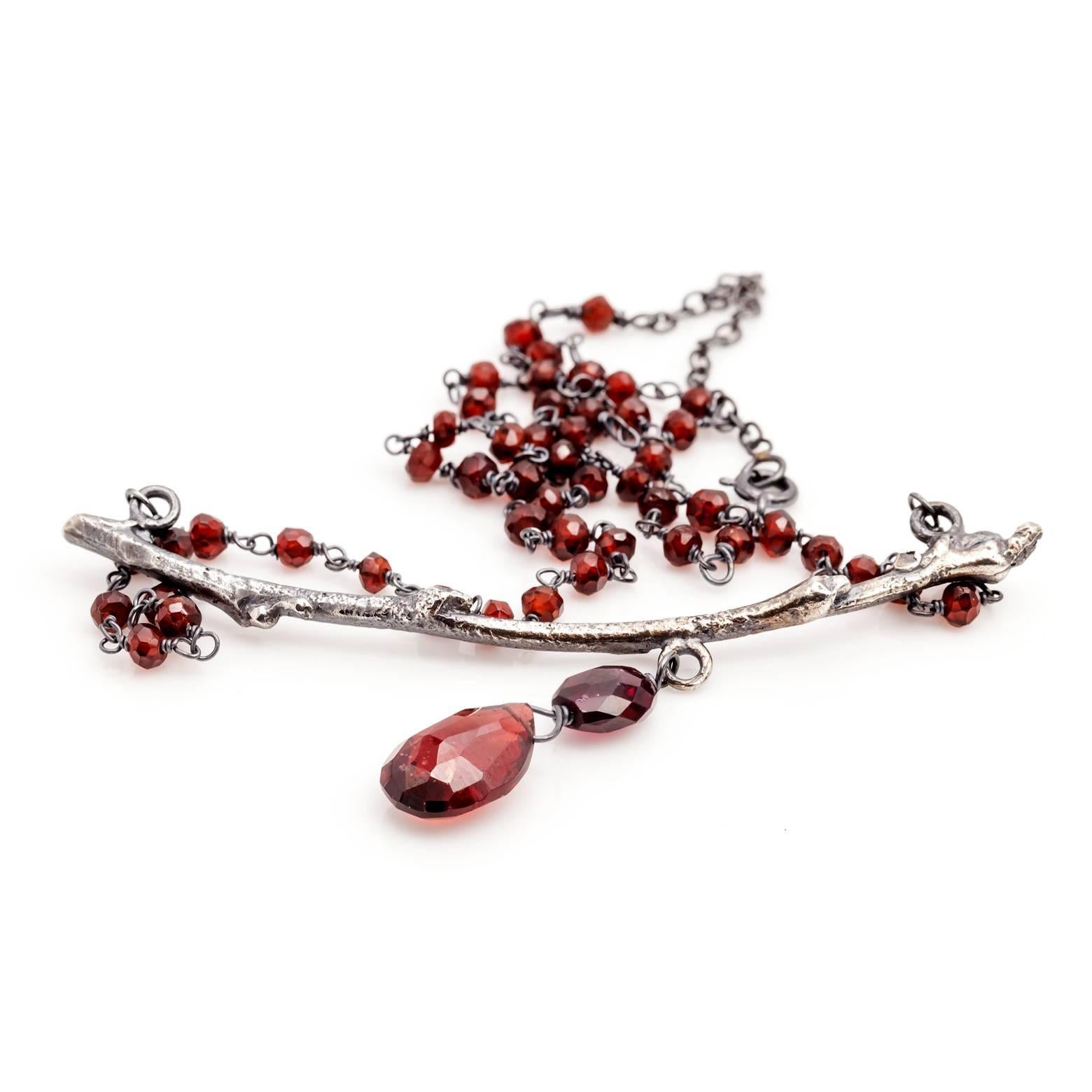 Women's Dark Silver Branch and Garnet Bead and Drop Necklace