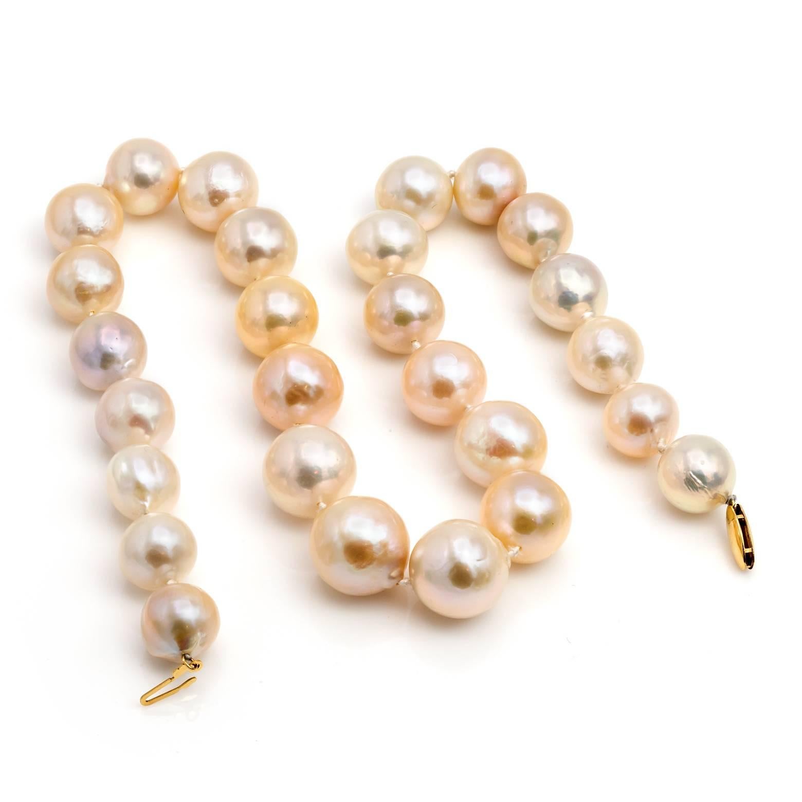 Contemporary Large Fresh Water Pearl Necklace in Light Peachy Pink and Silver Hues Gold Clasp