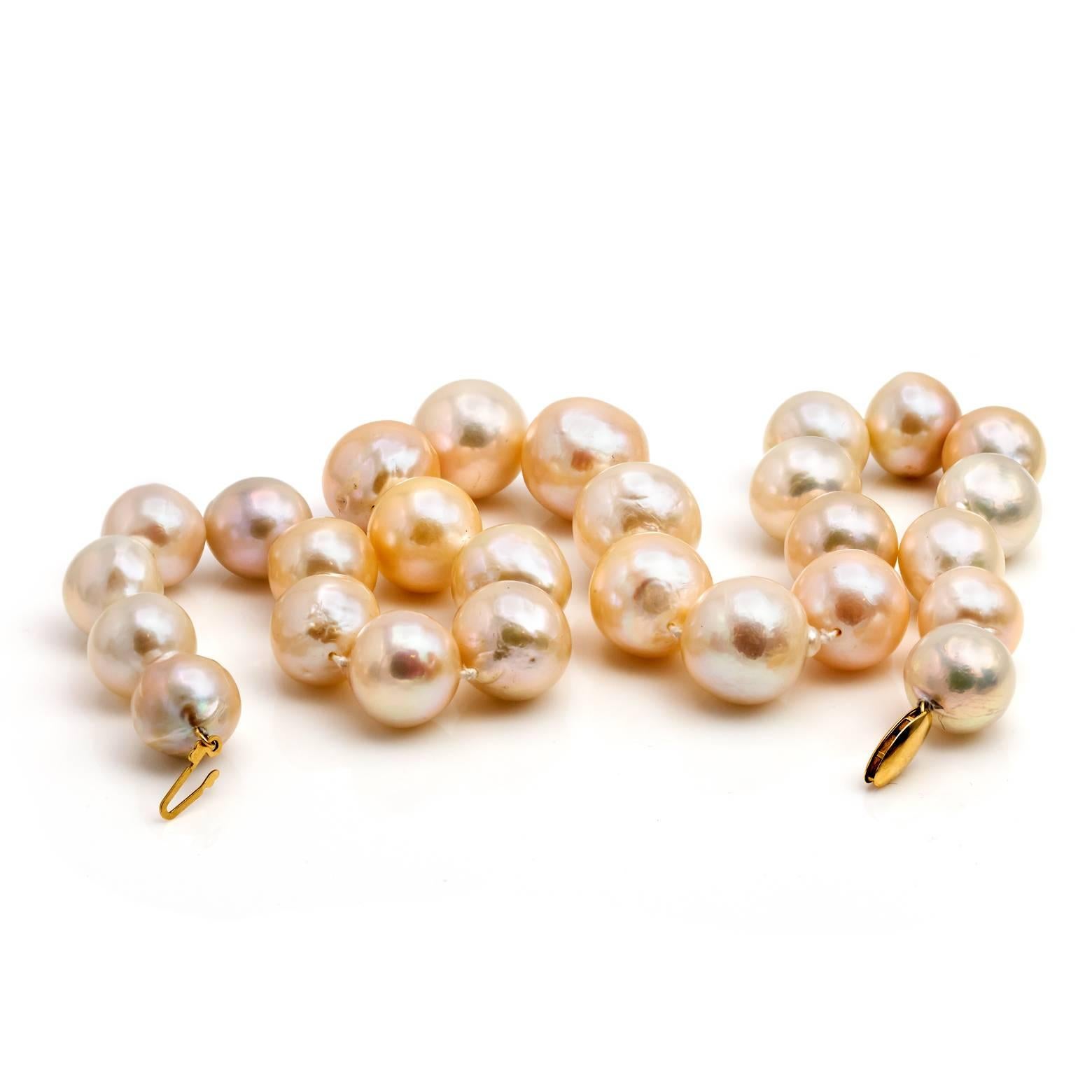 Women's Large Fresh Water Pearl Necklace in Light Peachy Pink and Silver Hues Gold Clasp