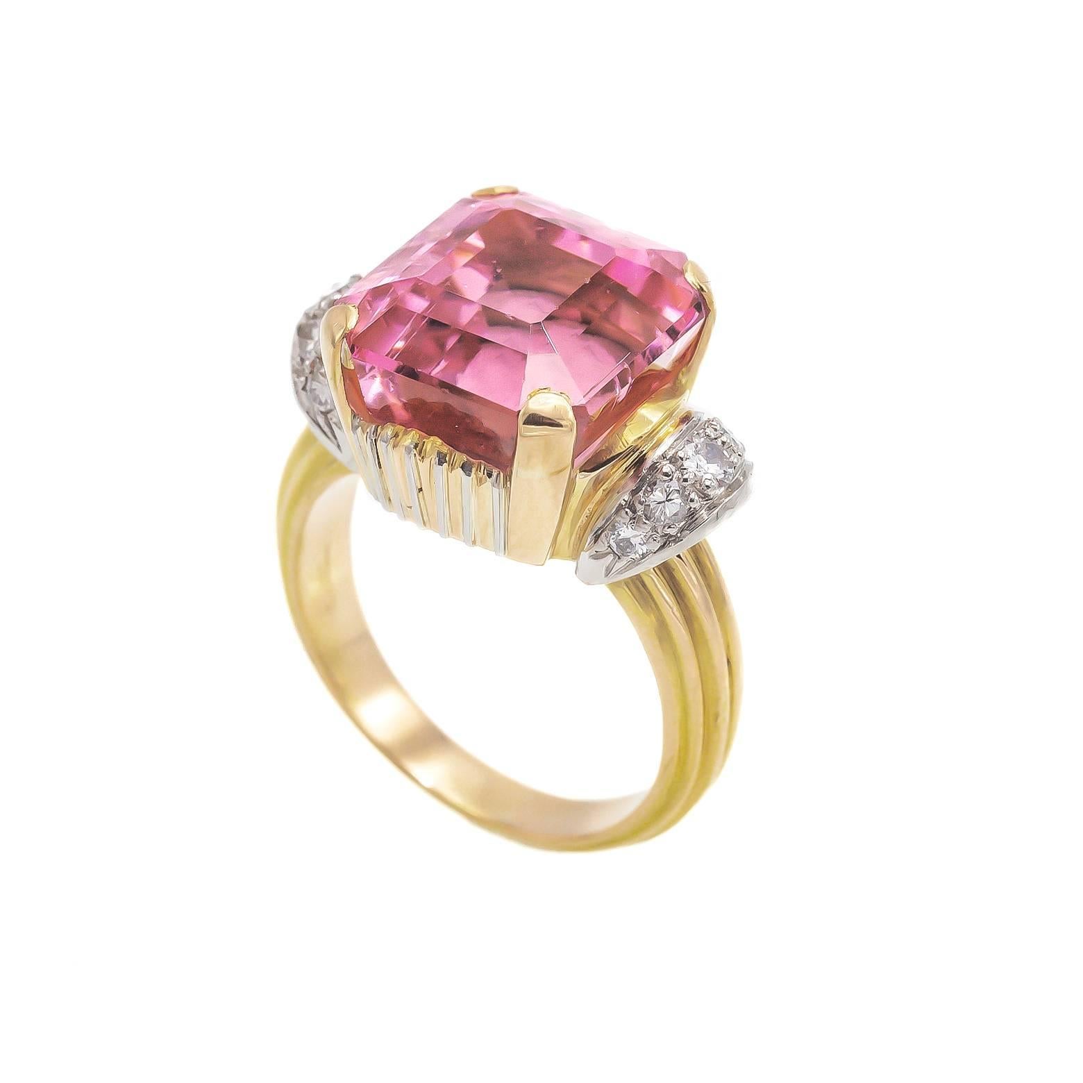 Modernist  Pink Tourmaline Aprox. 11ct Ring with Accent Diamonds Iconic of the 1950's
