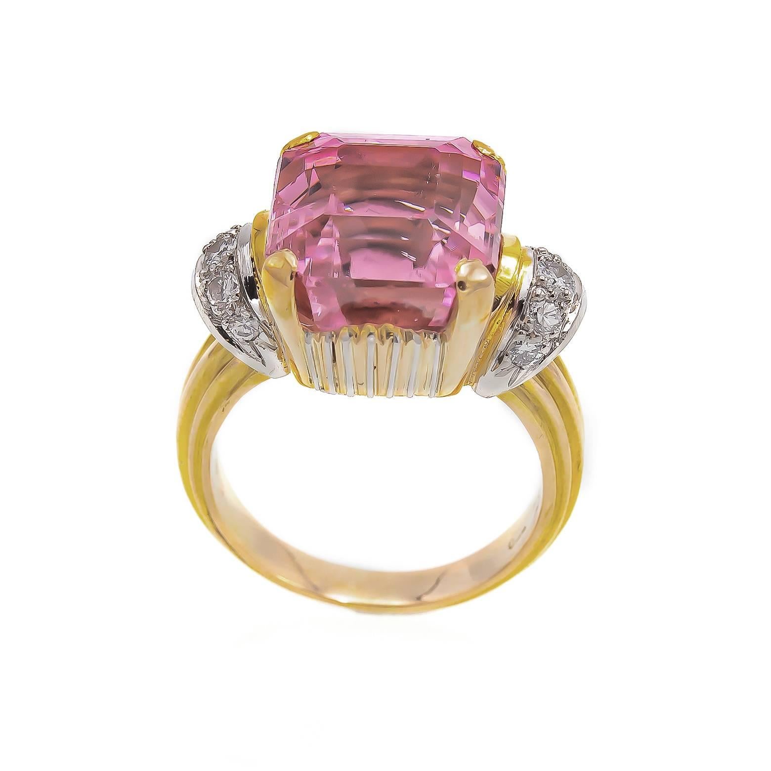  Pink Tourmaline Aprox. 11ct Ring with Accent Diamonds Iconic of the 1950's In Excellent Condition In Berkeley, CA