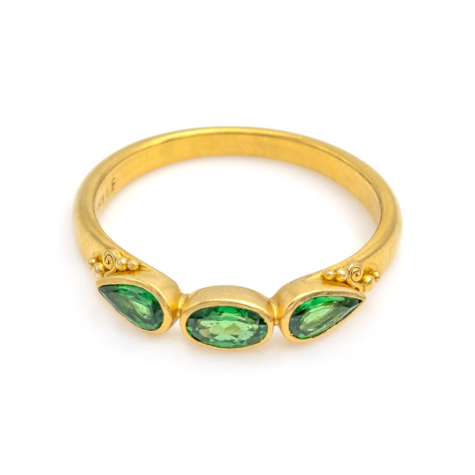 Contemporary Oval and Pear Tsavorite Green Garnet Ring in 18 Karat Gold with Granulation