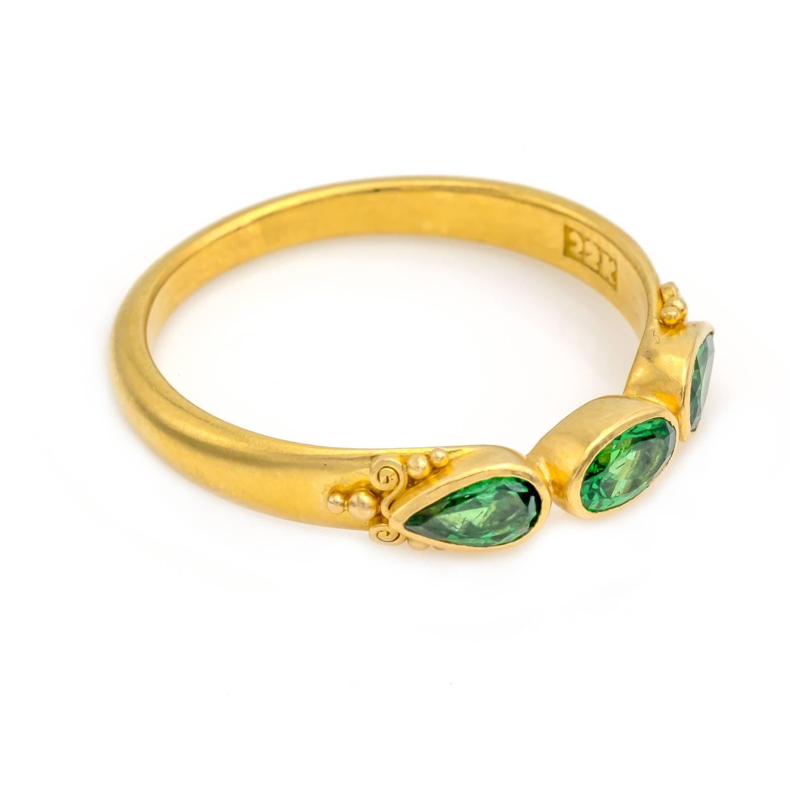 Pear Cut Oval and Pear Tsavorite Green Garnet Ring in 18 Karat Gold with Granulation