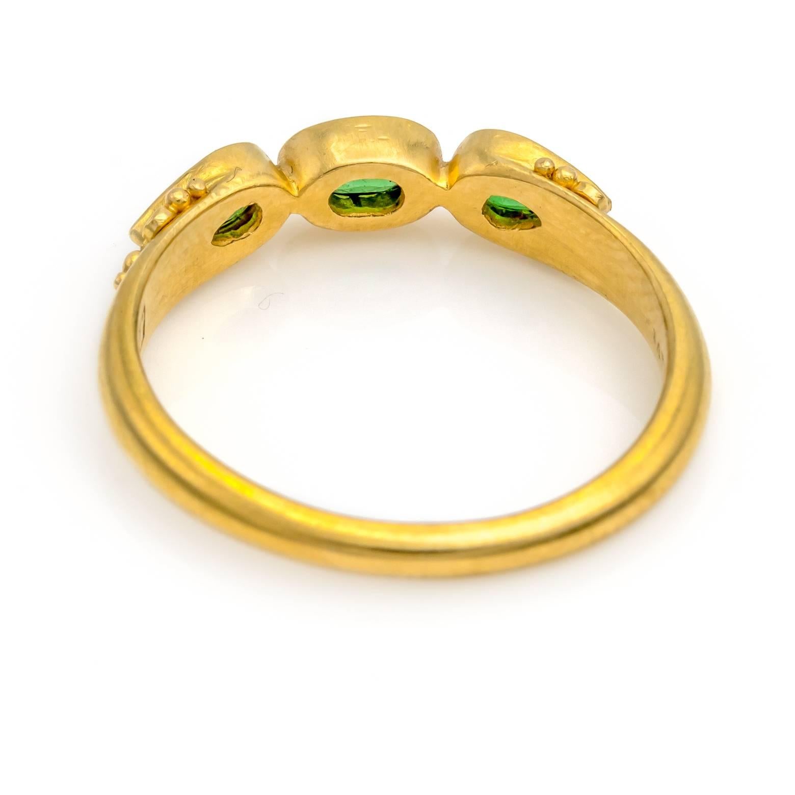 Women's Oval and Pear Tsavorite Green Garnet Ring in 18 Karat Gold with Granulation