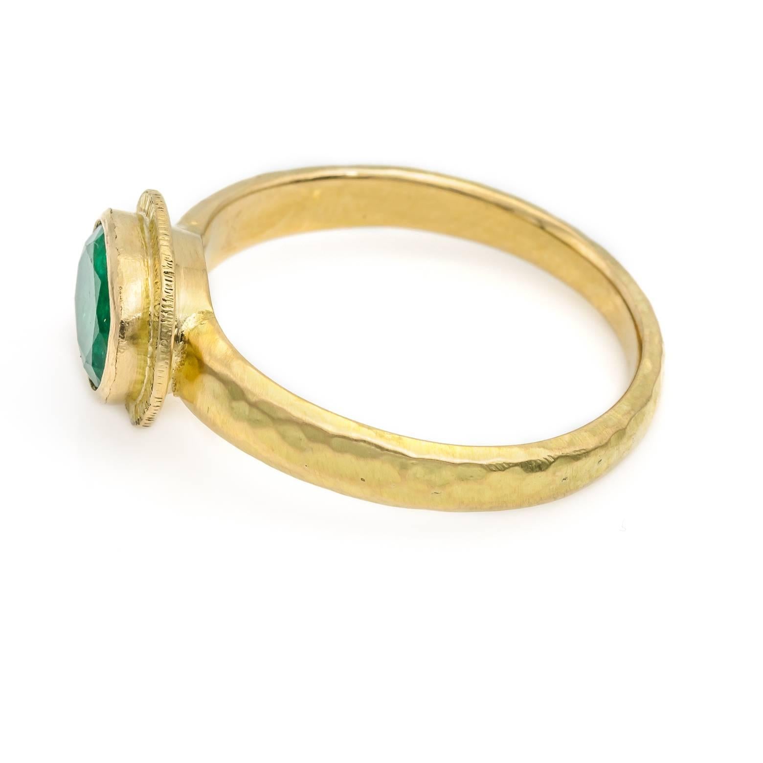 Oval Cut Oval Emerald Ring in 18 Karat Yellow Gold, Hammered and Textured, 0.90 Carat