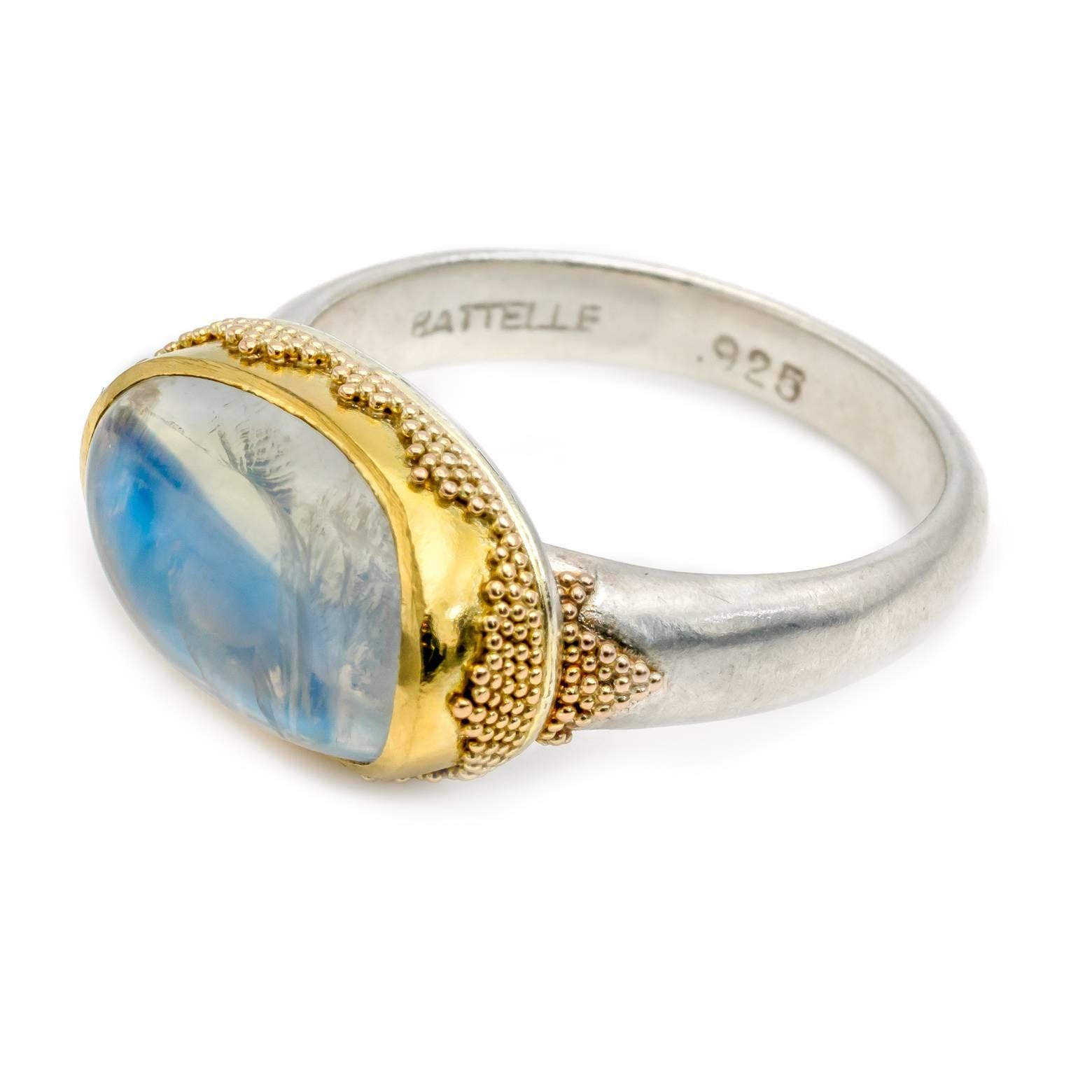 Contemporary Oval Moonstone Ring with Gold Triangle Granulation Yellow and White Satin Gold