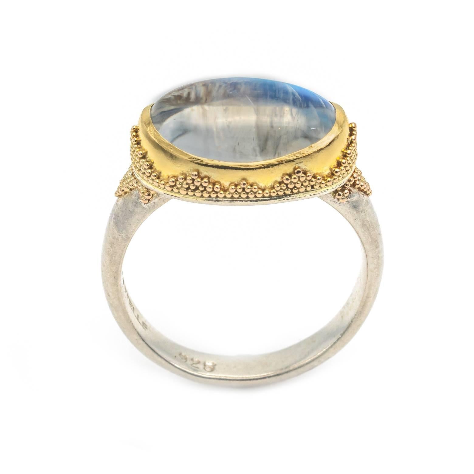 Oval Cut Oval Moonstone Ring with Gold Triangle Granulation Yellow and White Satin Gold