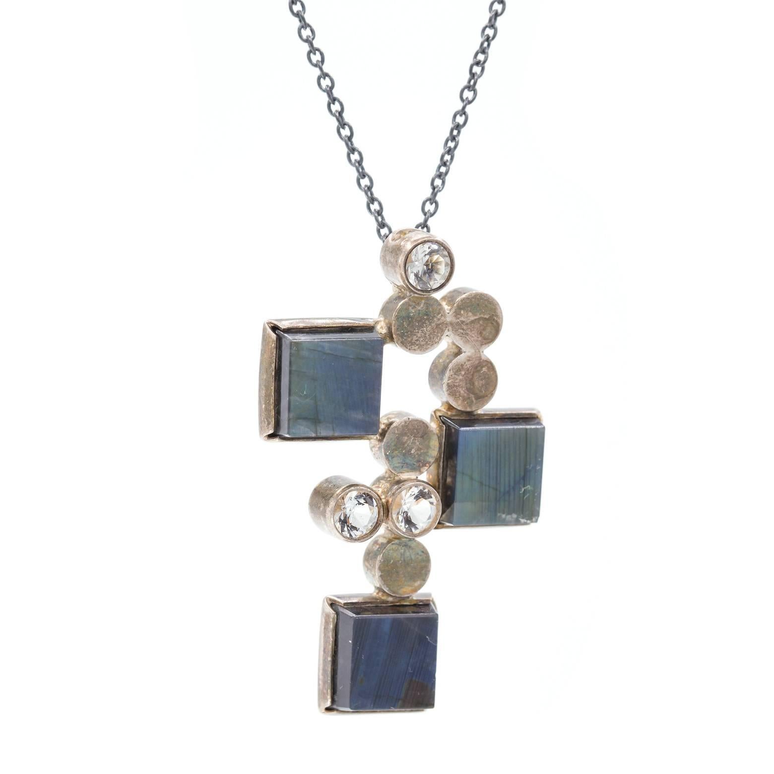 Round Cut Antique Square Labradorite and Paste Crystal Amulet Pendant, Vintage in Silver