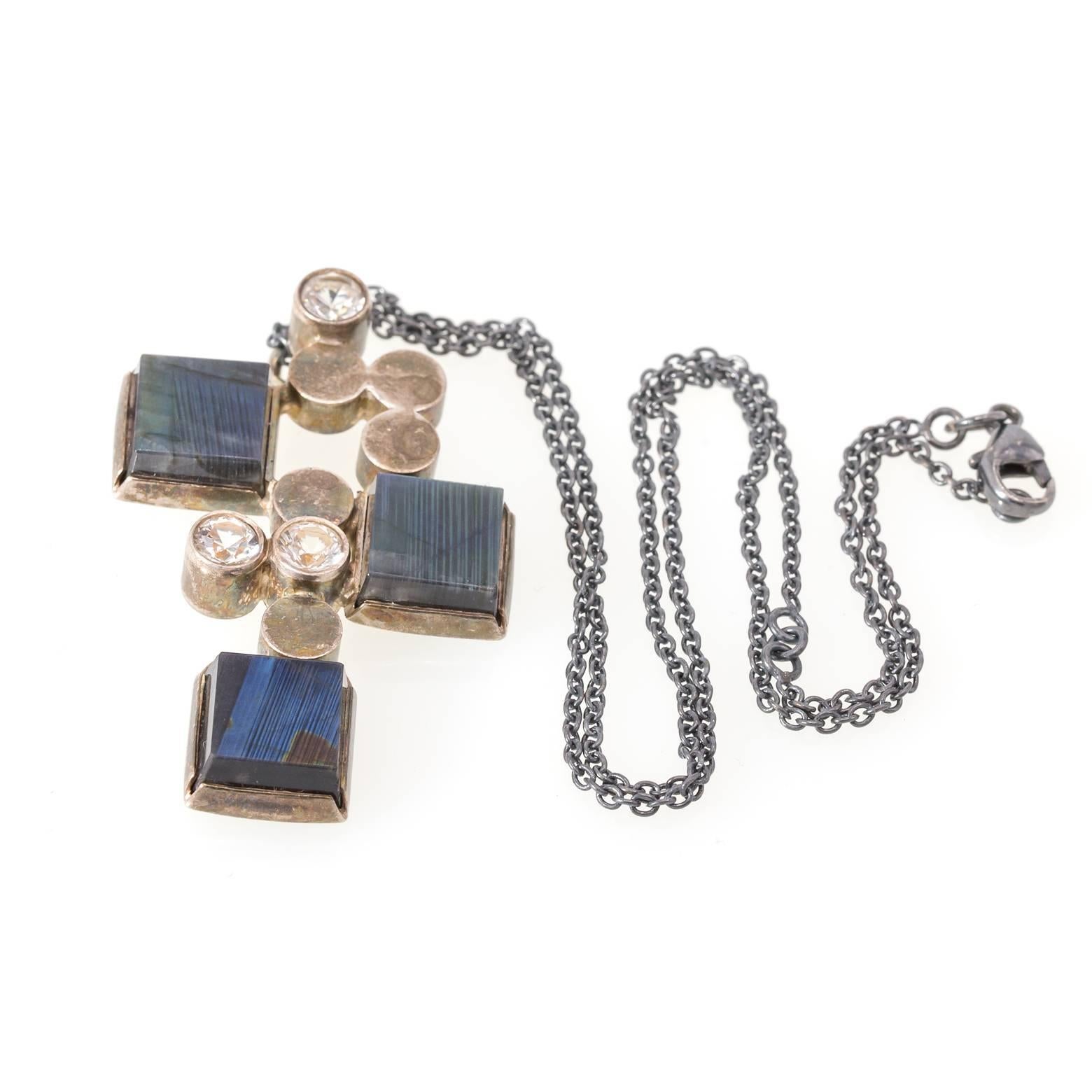 Antique Square Labradorite and Paste Crystal Amulet Pendant, Vintage in Silver In Excellent Condition In Berkeley, CA