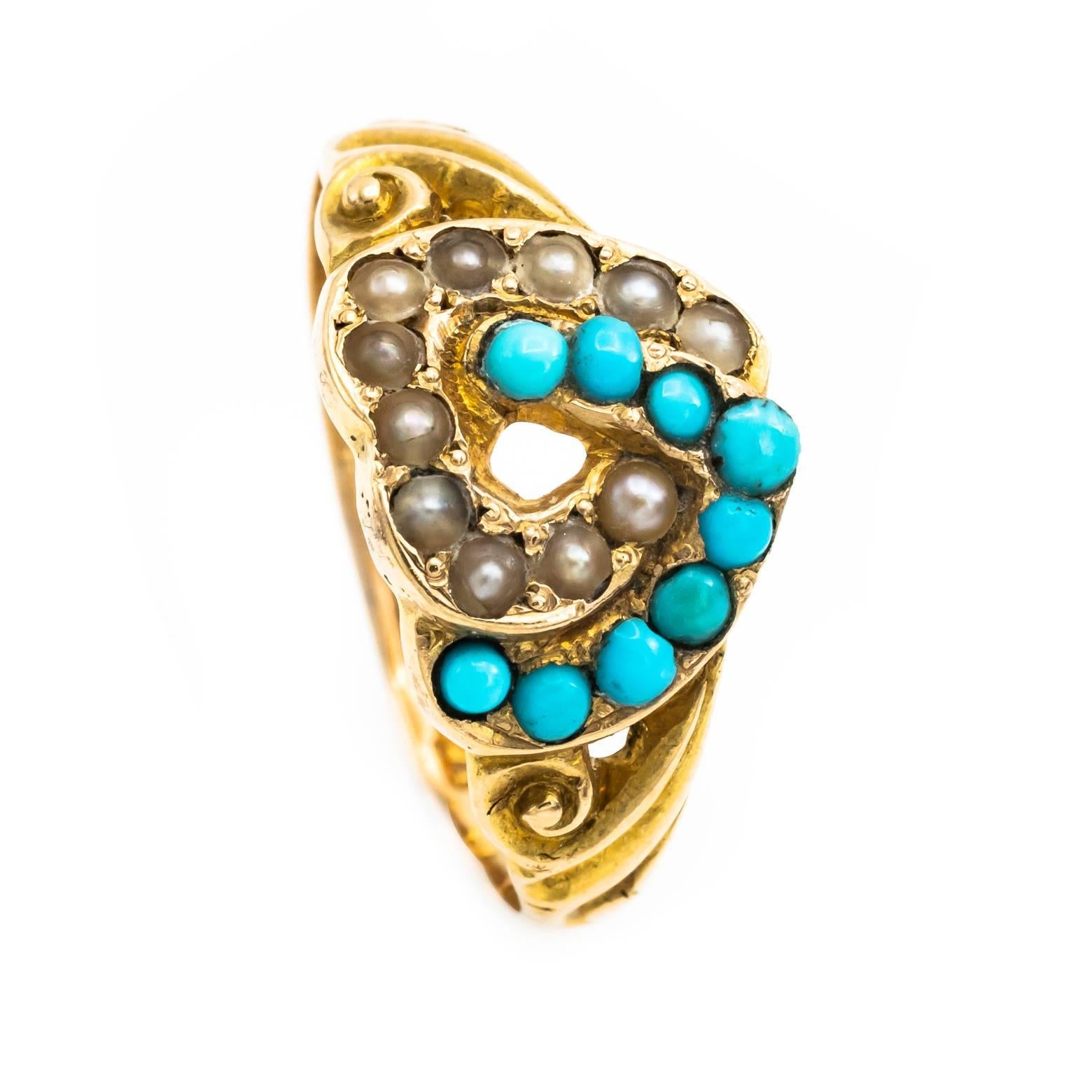 Victorian Birmingham England Pearl Turquoise 15 Karat Ring Interlocking Hearts