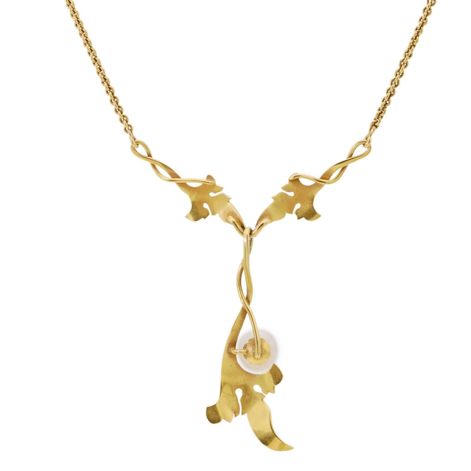 Women's Antique Gold Necklace Art Nouveau Style Natural Pearl For Sale