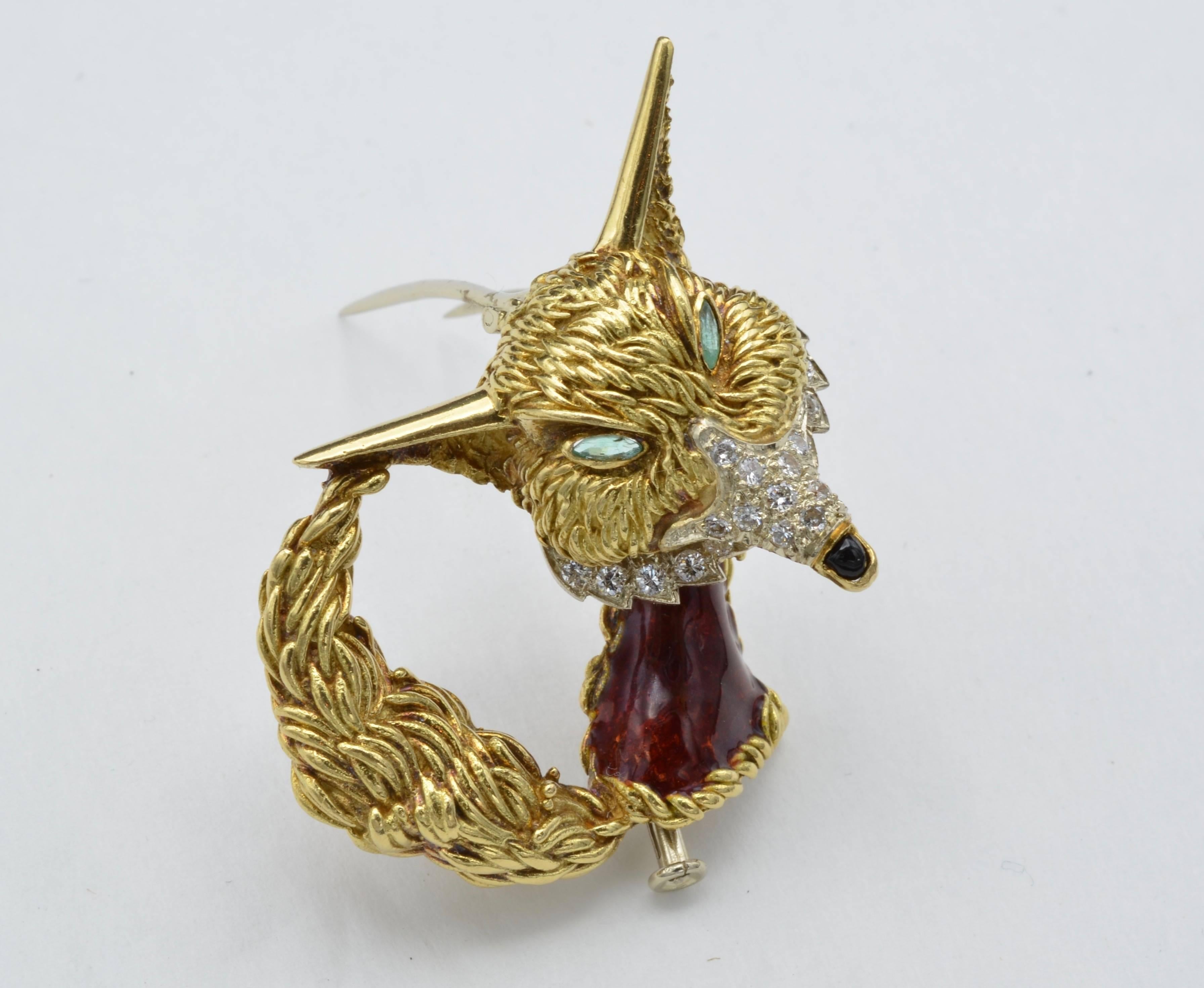 The Fox And The Hound we have the fox and very nicely made in Italy in the 70's, with a lot of character. The eyes in emerald navette, nose in pave diamond with a tiny piece of black onyx at the end of his nose gives this fox a lot of personality.