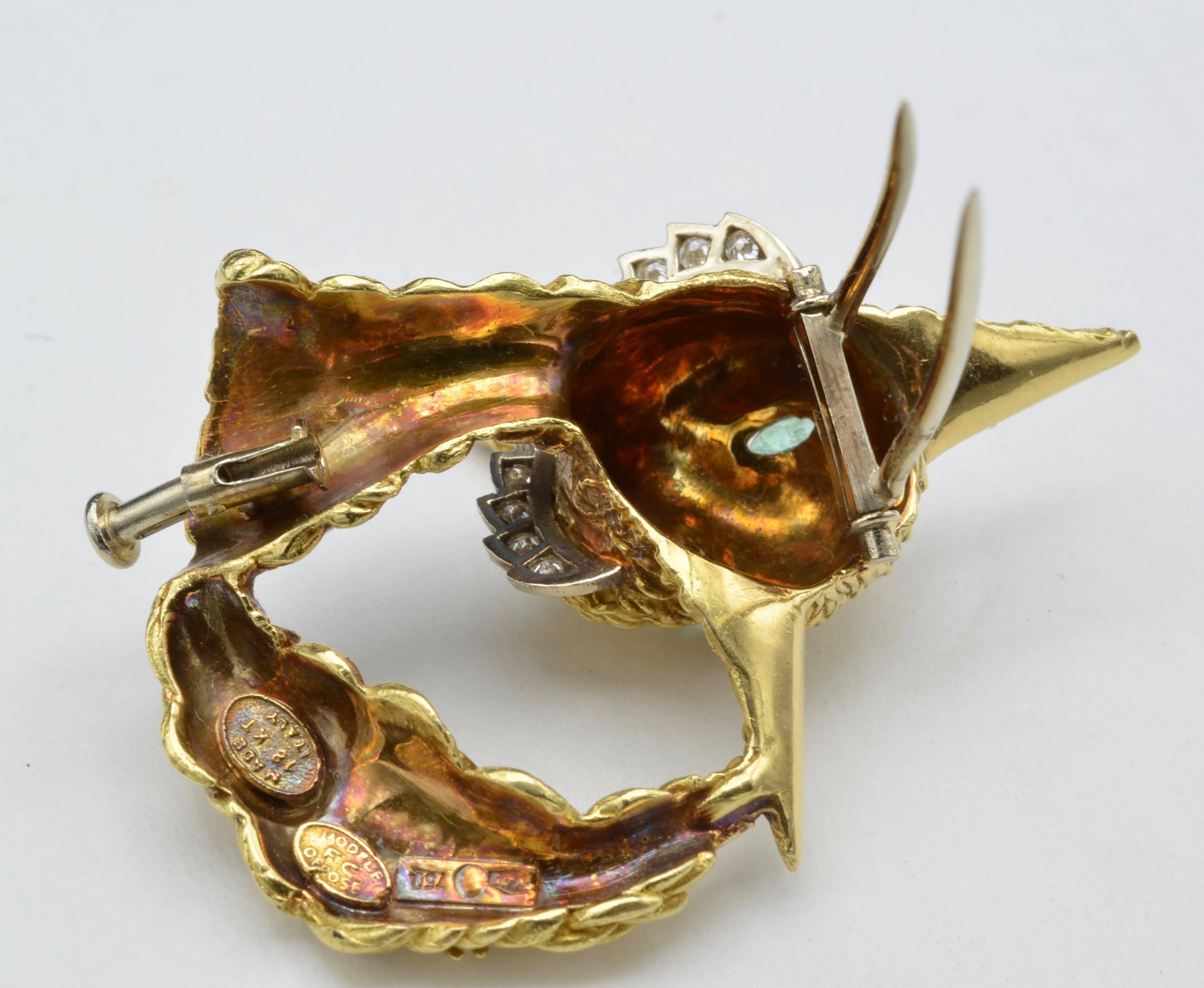 Modernist Fox Brooch Diamond Enamel Emerald 18K Gold Italy 1970 For Sale