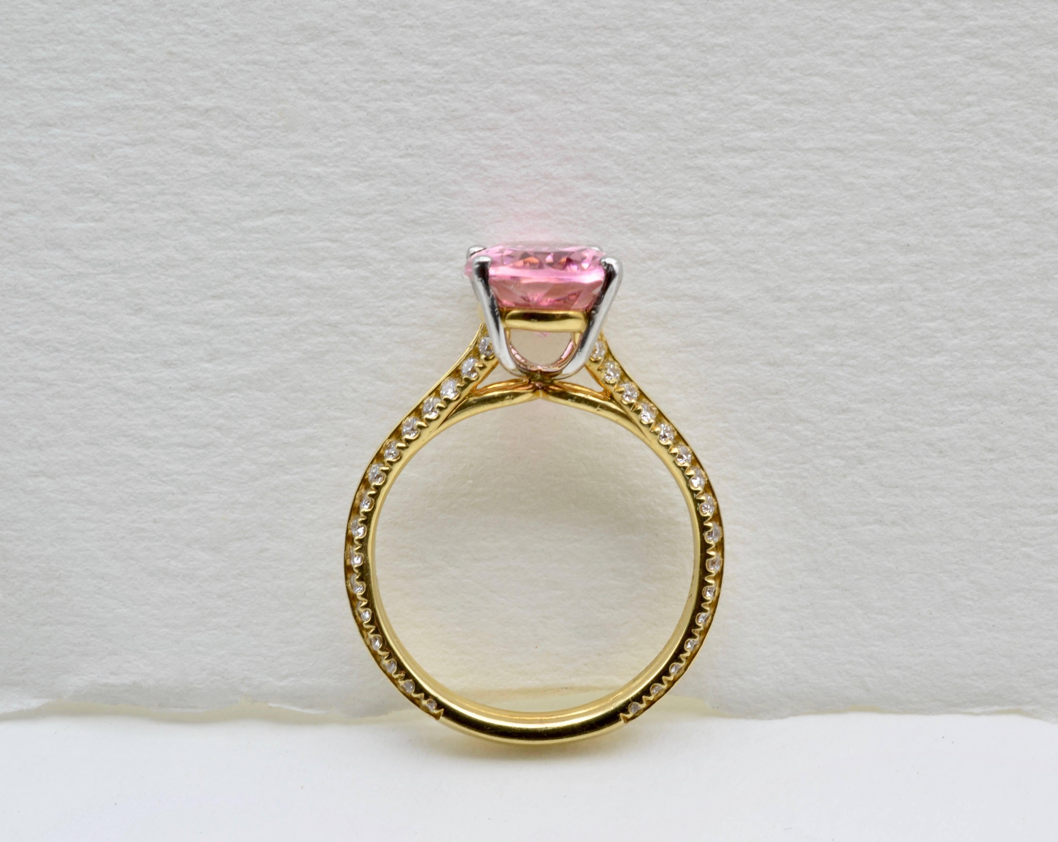 Modern Solitaire Pink Tourmaline Diamond Yellow Gold Platinum Engagement Ring