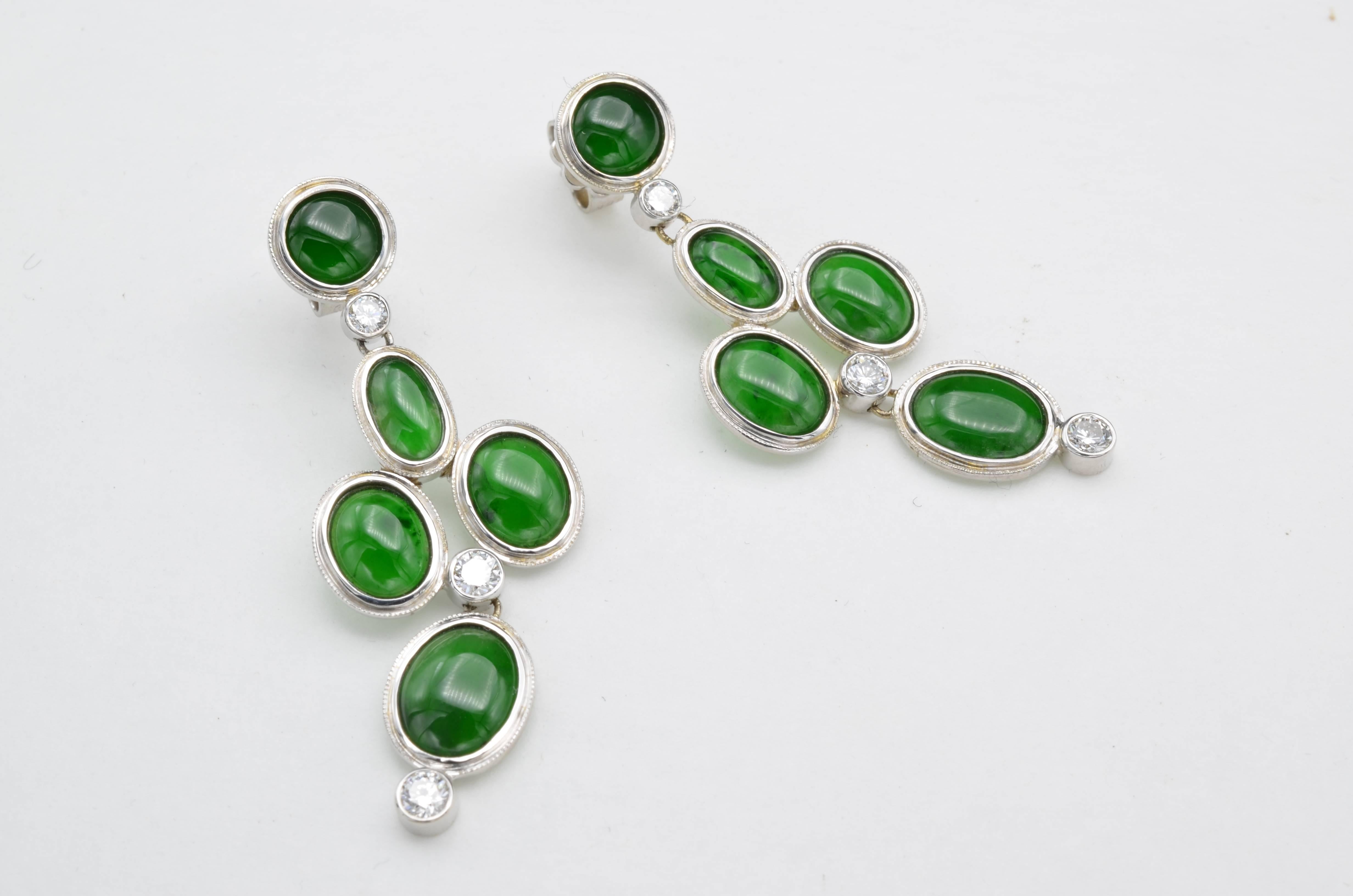 Modern Oval Green Jadeite Earrings with Round Diamonds in White Gold