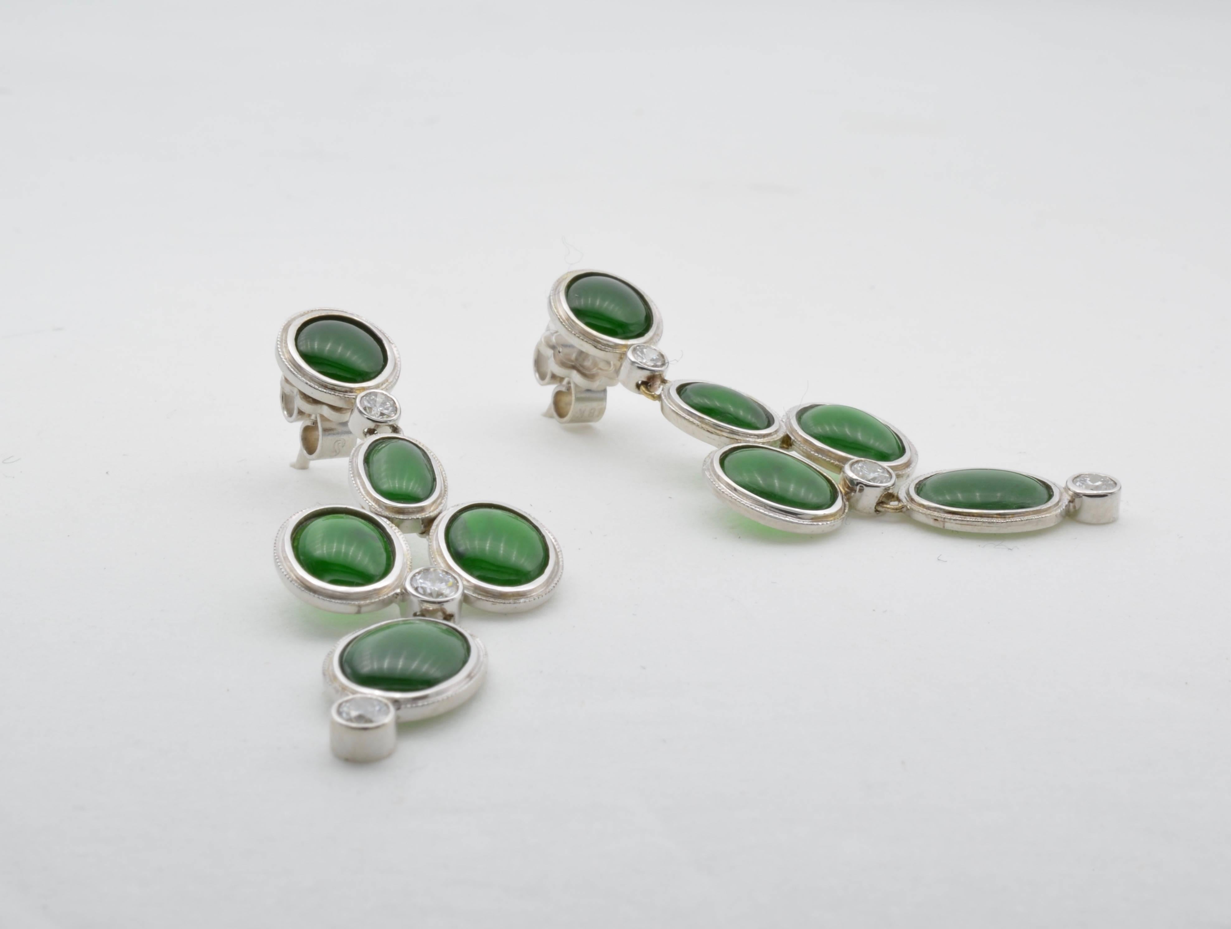 Oval Green Jadeite Earrings with Round Diamonds in White Gold In New Condition In Berkeley, CA