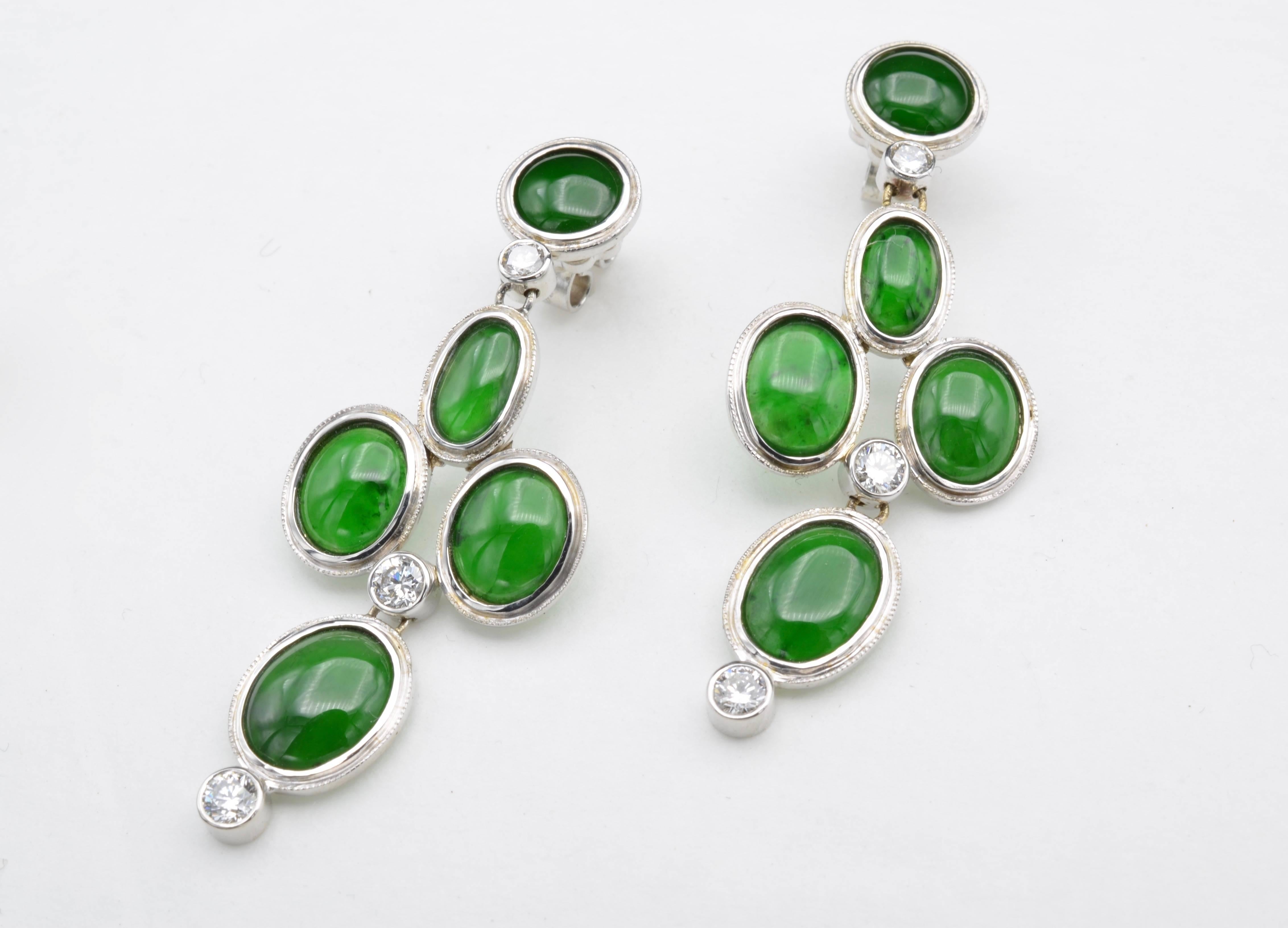 Women's Oval Green Jadeite Earrings with Round Diamonds in White Gold