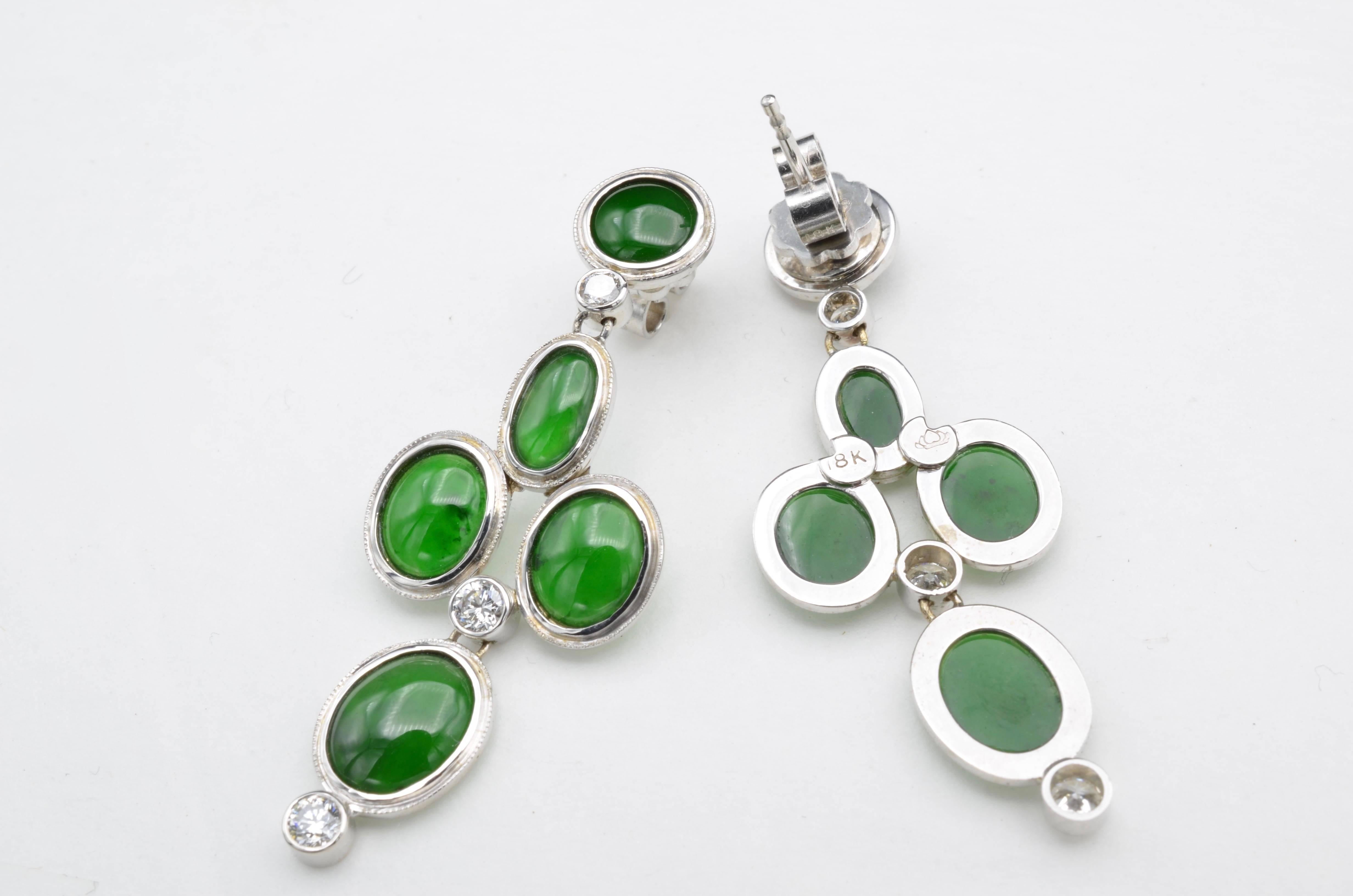 Oval Green Jadeite Earrings with Round Diamonds in White Gold 1