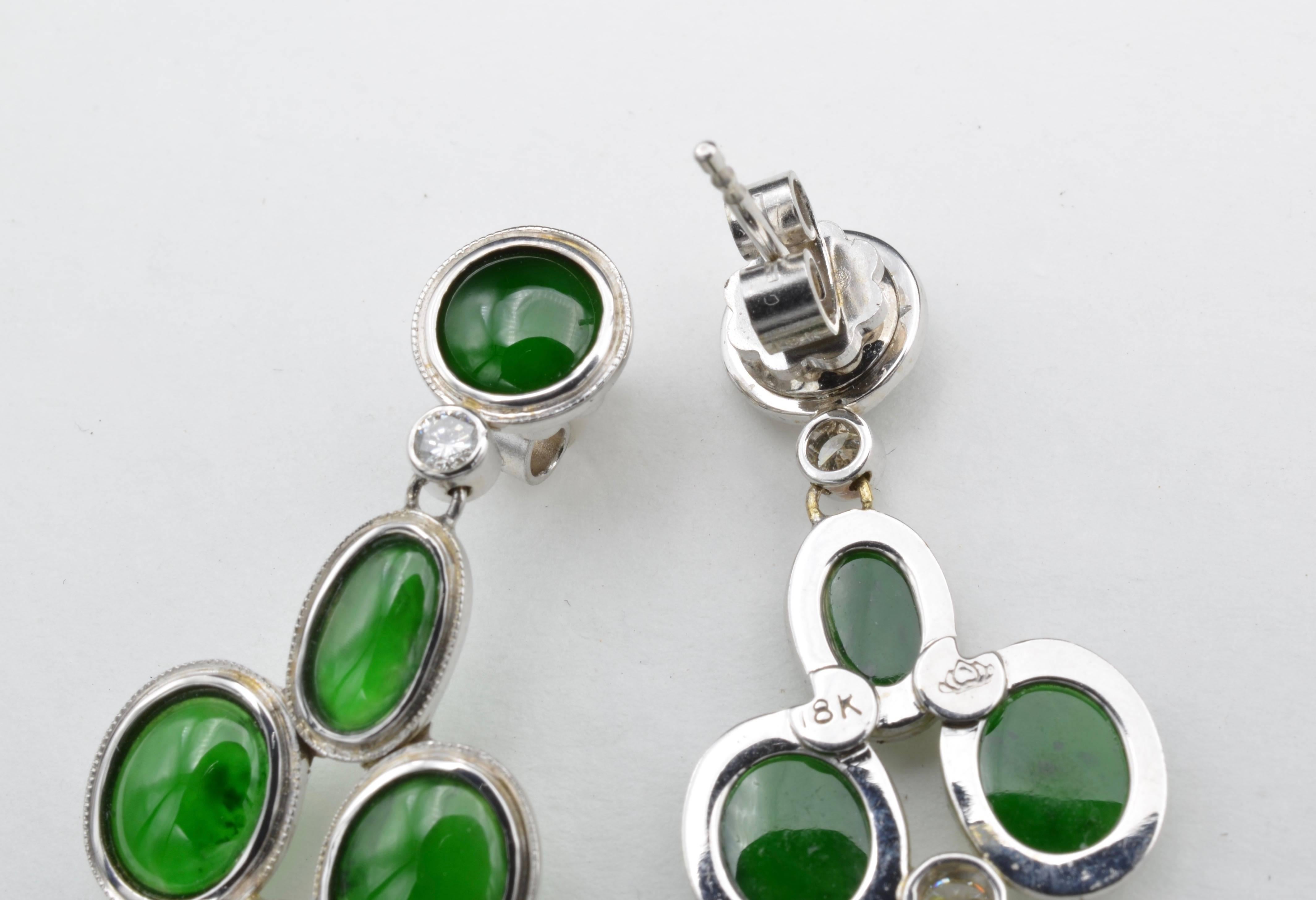 Oval Green Jadeite Earrings with Round Diamonds in White Gold 2