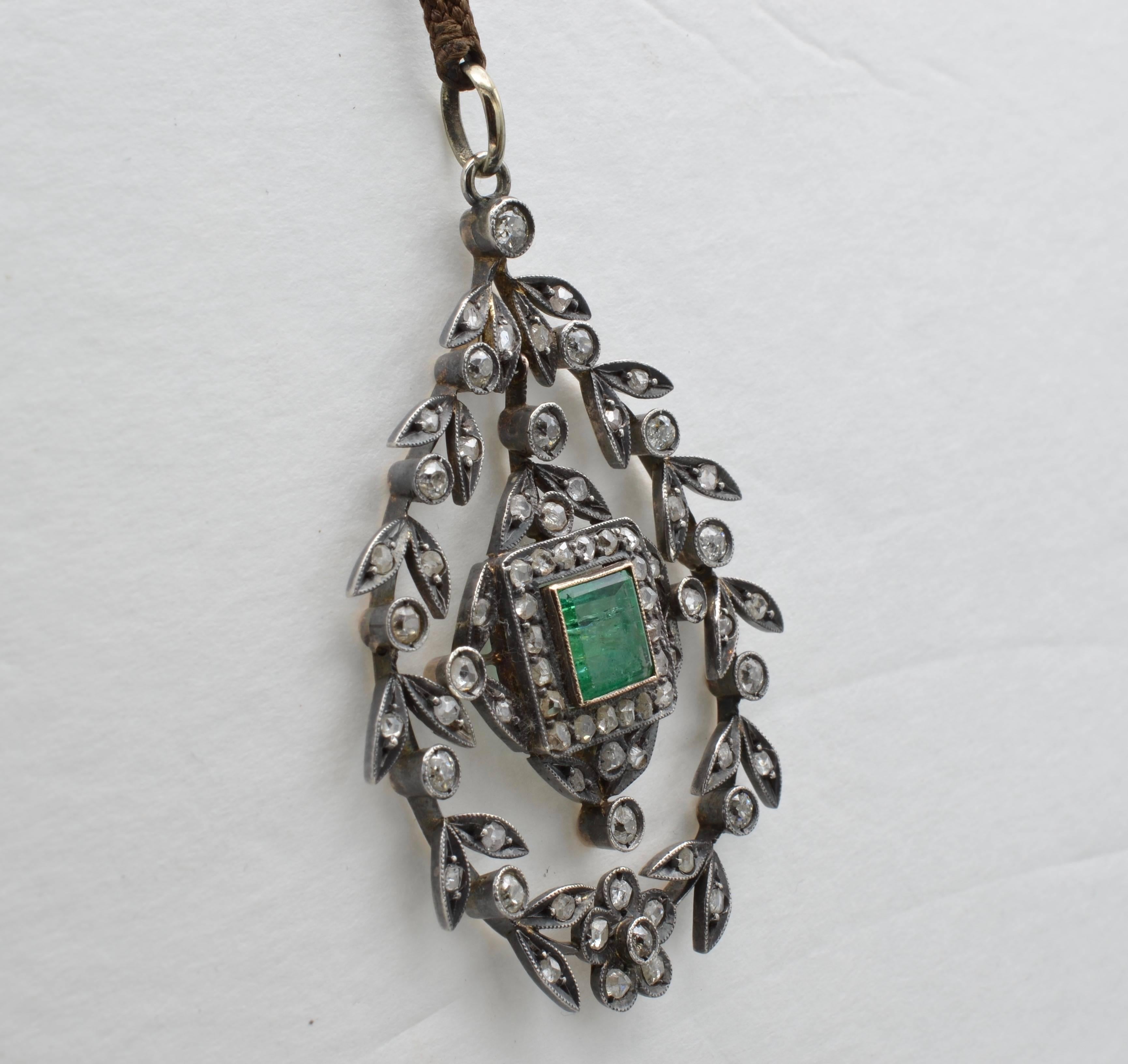 Victorian Edwardian Emerald Square Old Mine Cut Diamonds Pendant Silver 1890 Trembleuse