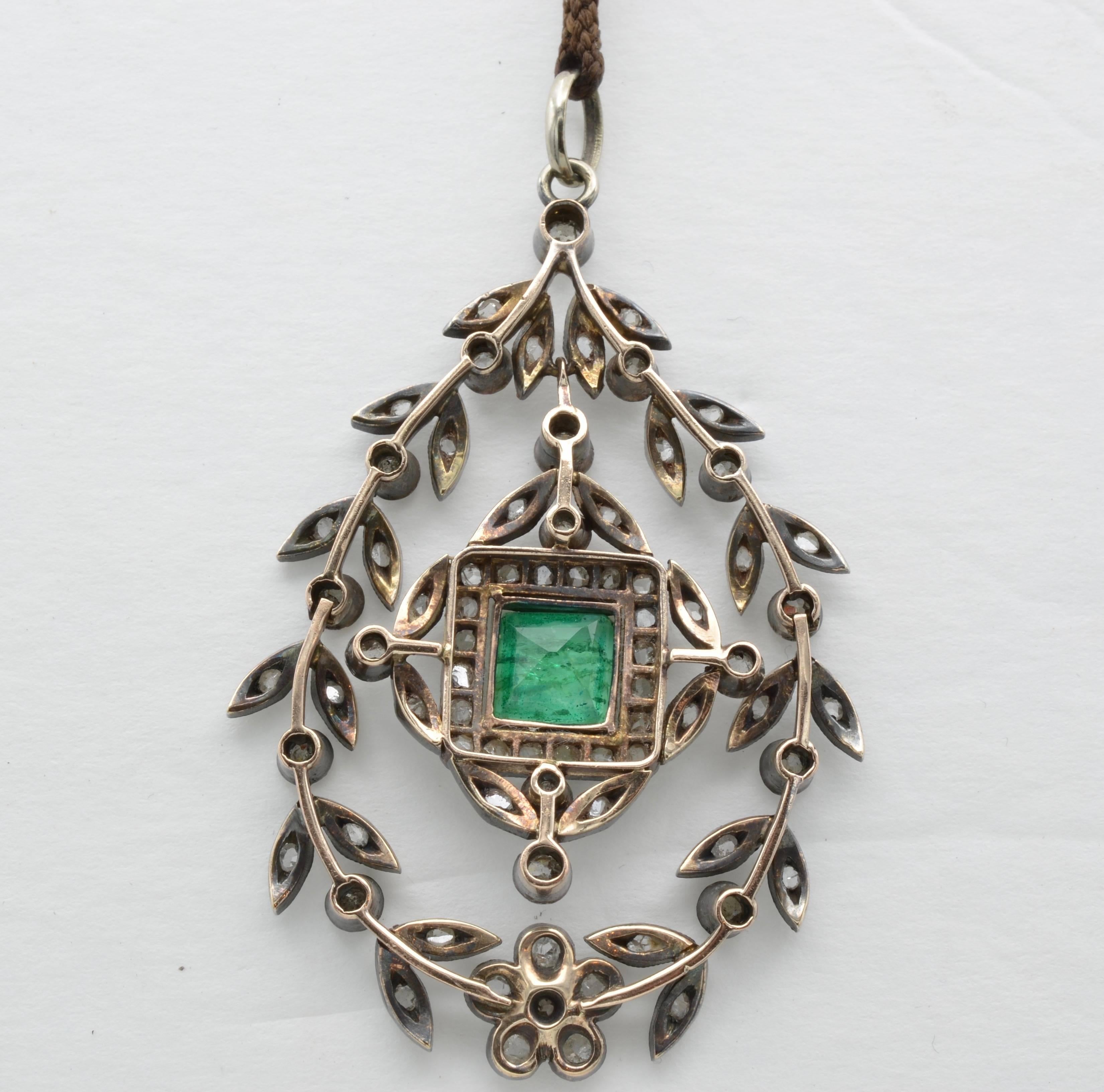 Edwardian Emerald Square Old Mine Cut Diamonds Pendant Silver 1890 Trembleuse In Excellent Condition In Berkeley, CA