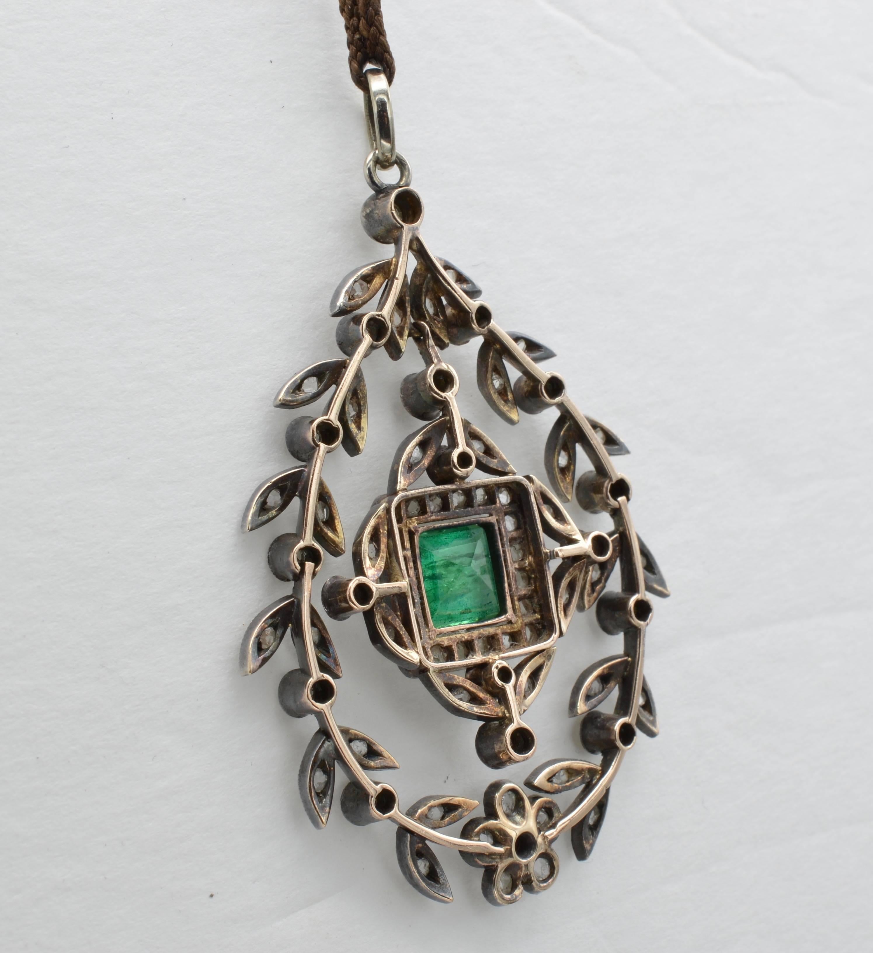 Women's Edwardian Emerald Square Old Mine Cut Diamonds Pendant Silver 1890 Trembleuse