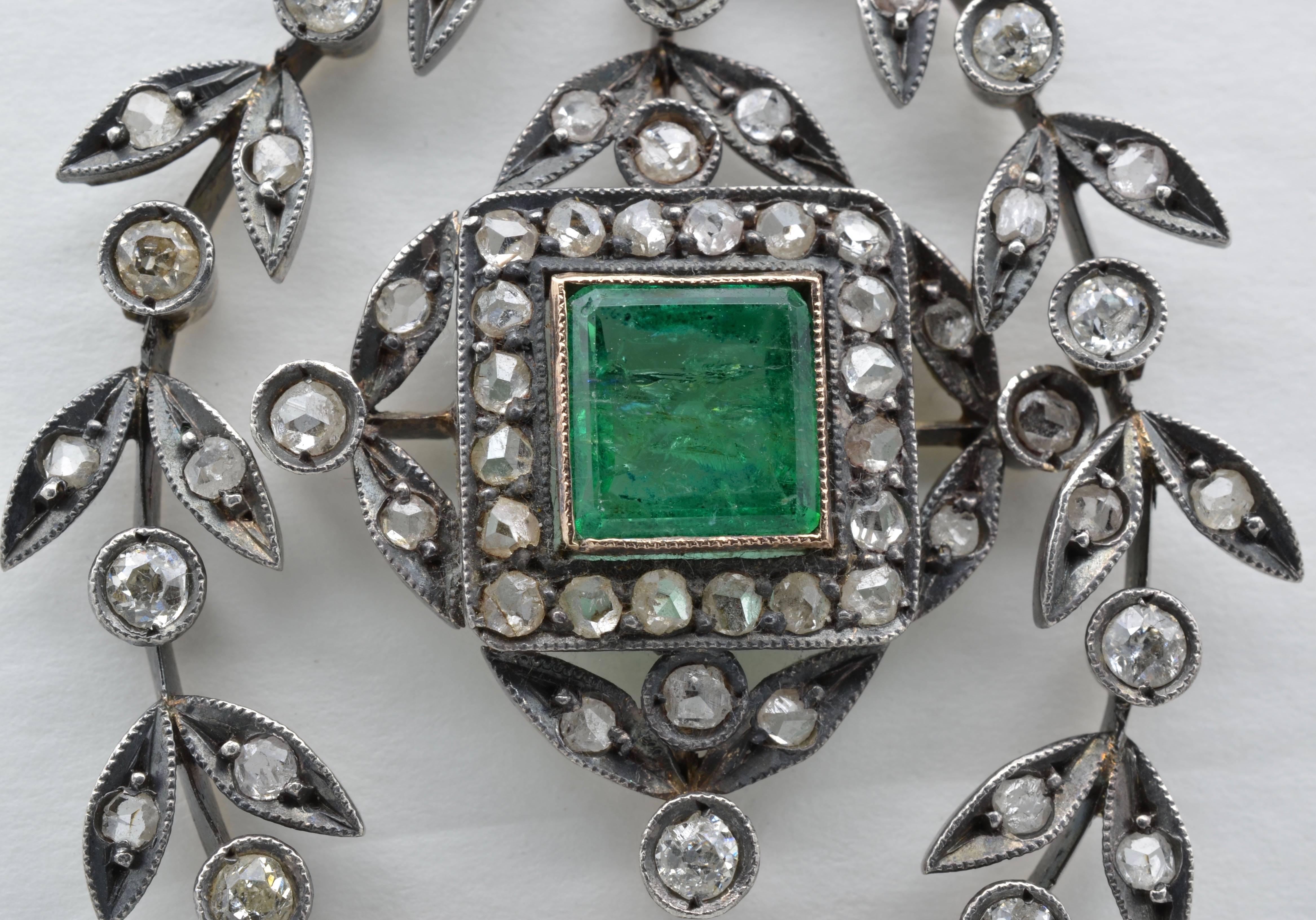 Edwardian Emerald Square Old Mine Cut Diamonds Pendant Silver 1890 Trembleuse 1