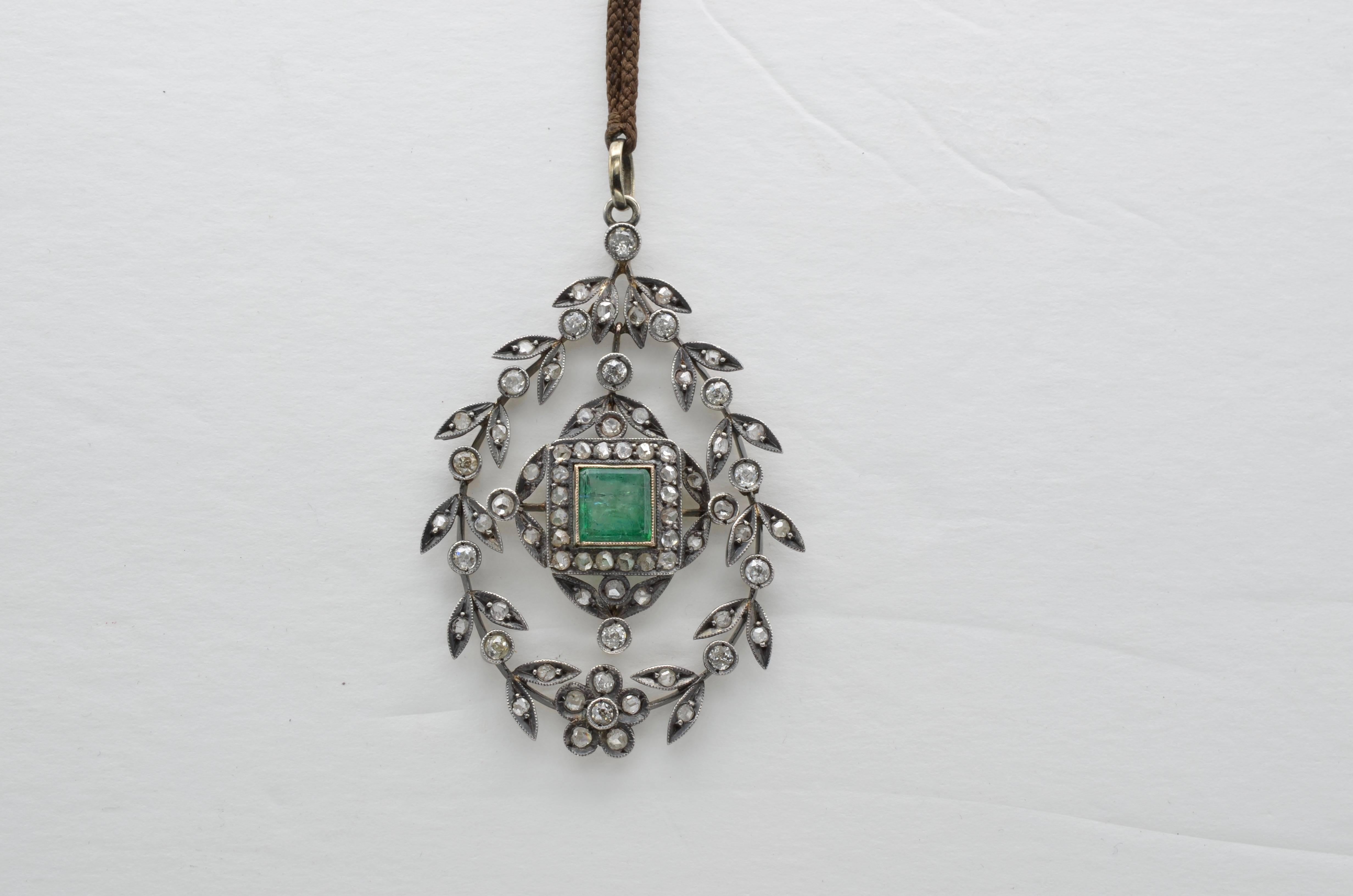 Edwardian Emerald Square Old Mine Cut Diamonds Pendant Silver 1890 Trembleuse 5