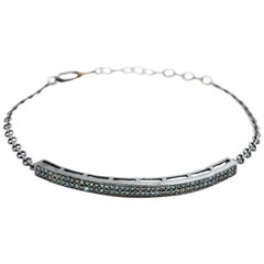 Blue Diamond and Oxidized Sterling Silver Cuff Chain Bracelet Adjustable