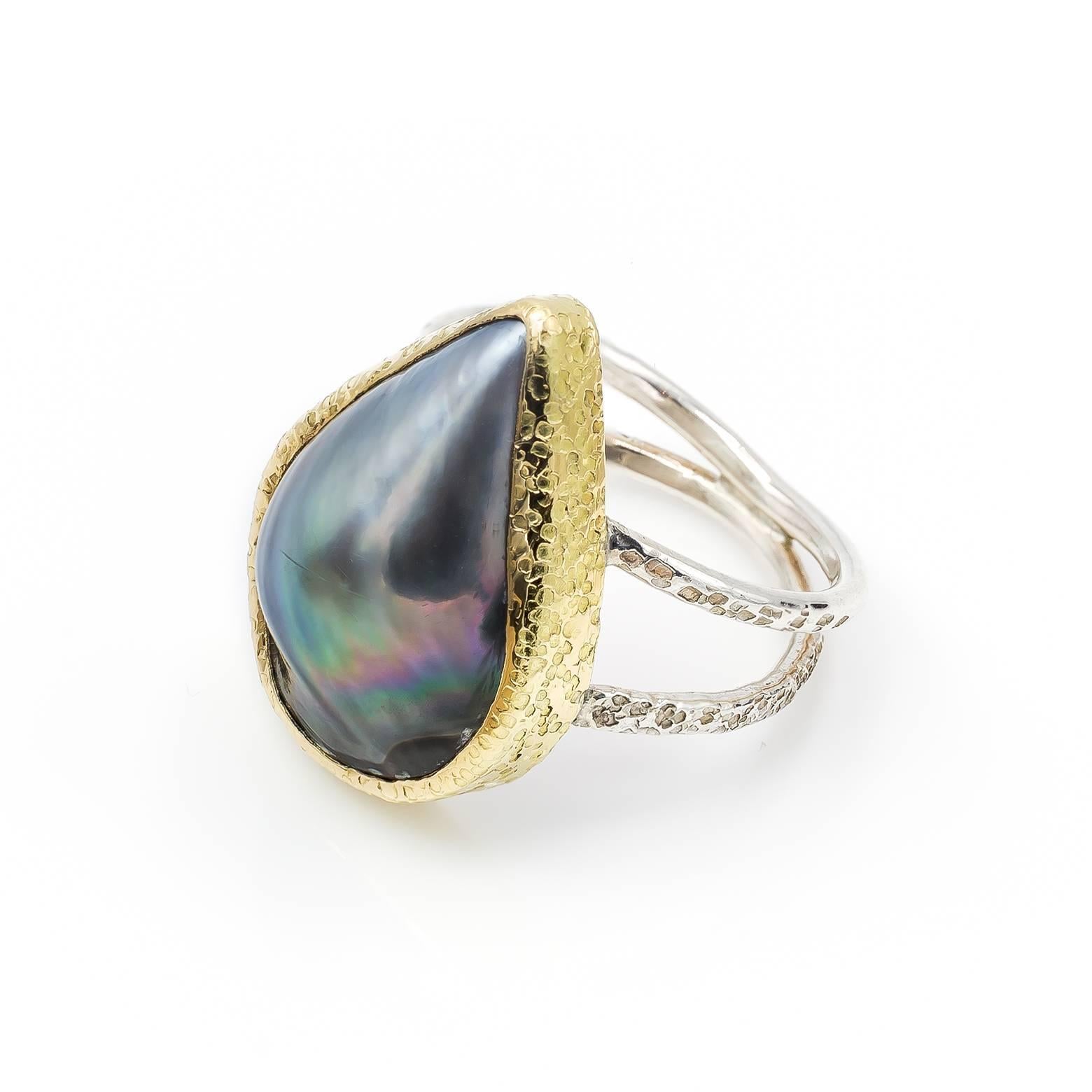 Black Mabe Peal Ring Tear Shaped in Gold and Sterling Silver 1