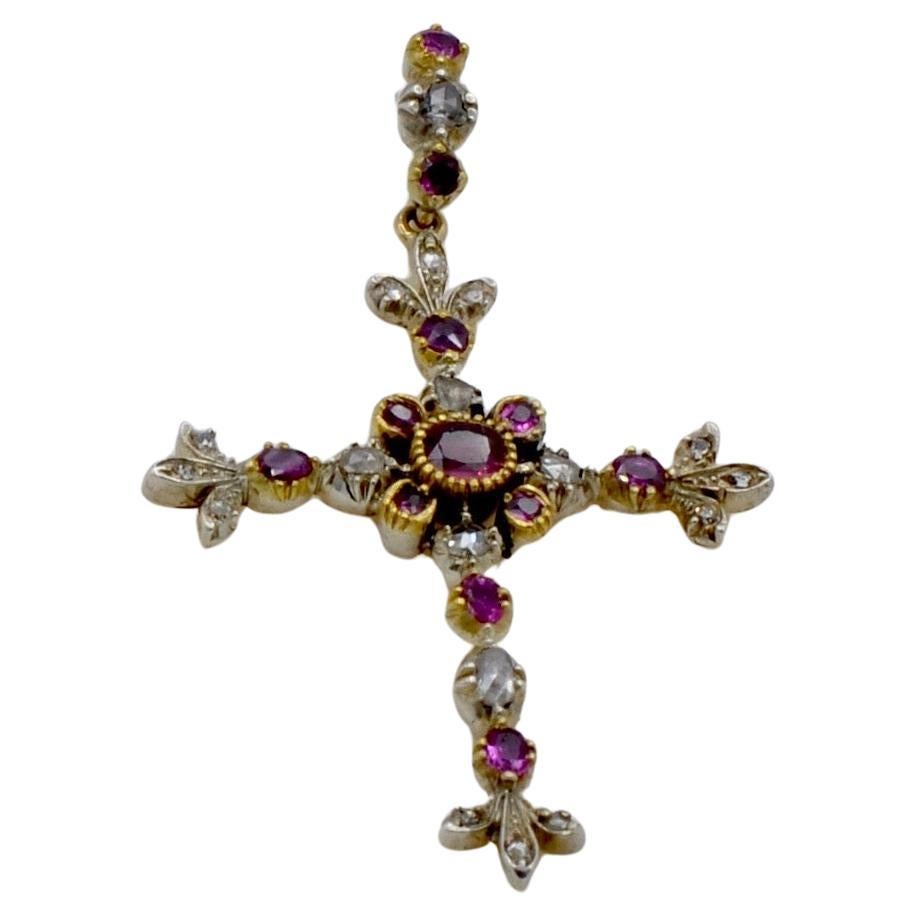 Cross aus Diamanten, Rubinen, 14 Karat Gold und Sterlingsilber