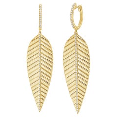 Pendientes Colgantes Pluma Diamante Oro 14k