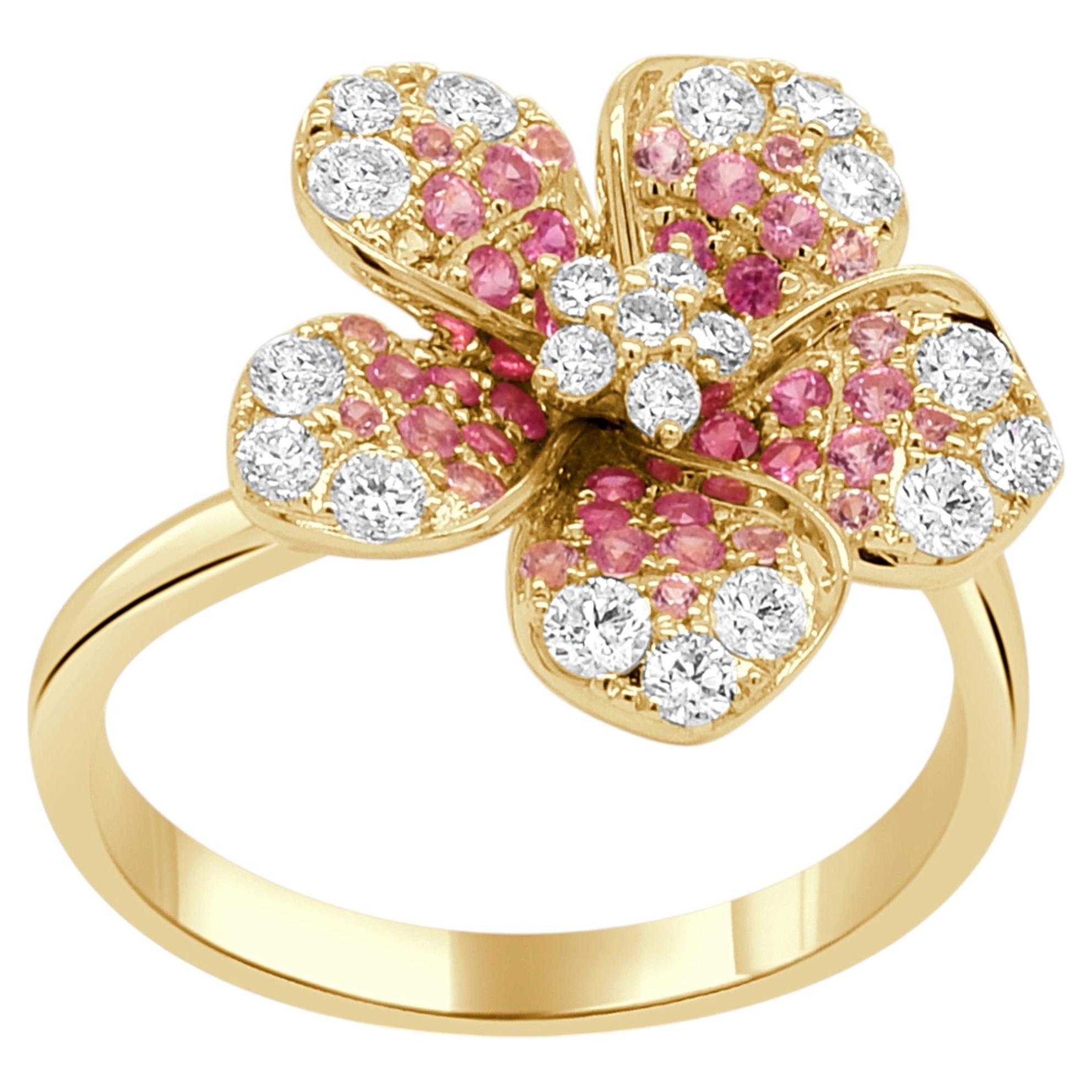 Blumenring aus 14-karätigem Gelbgold mit rosa Saphiren im Ombré-Look und Diamanten – 0,58 Karat