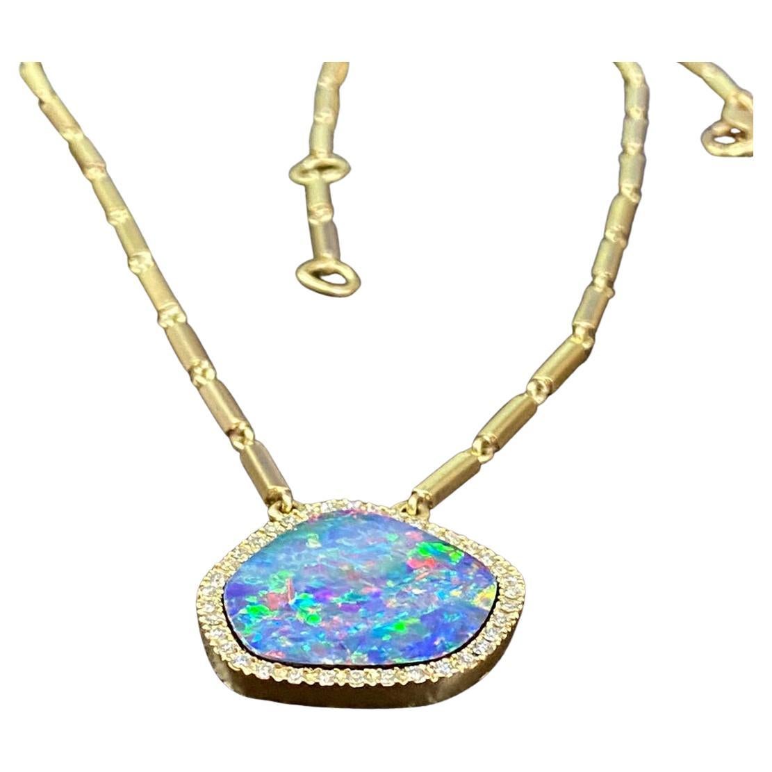 18k Gold, Diamond & Boulder Opal Pendant Necklace For Sale