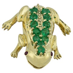 Sophia D. Emerald and Ruby Frog Brooch in 18K Yellow Gold