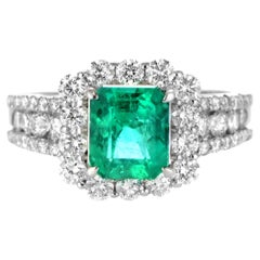 1.65 Carat Natural Vivid-Green Emerald and Diamond Ring Made in Platinum