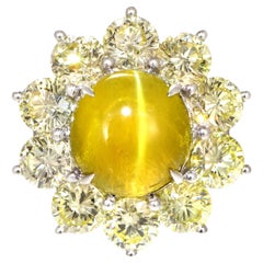 GIA Certified 4.92 Carat Cat's Eye Chrysoberyl and Diamond Ring Made in Platinum