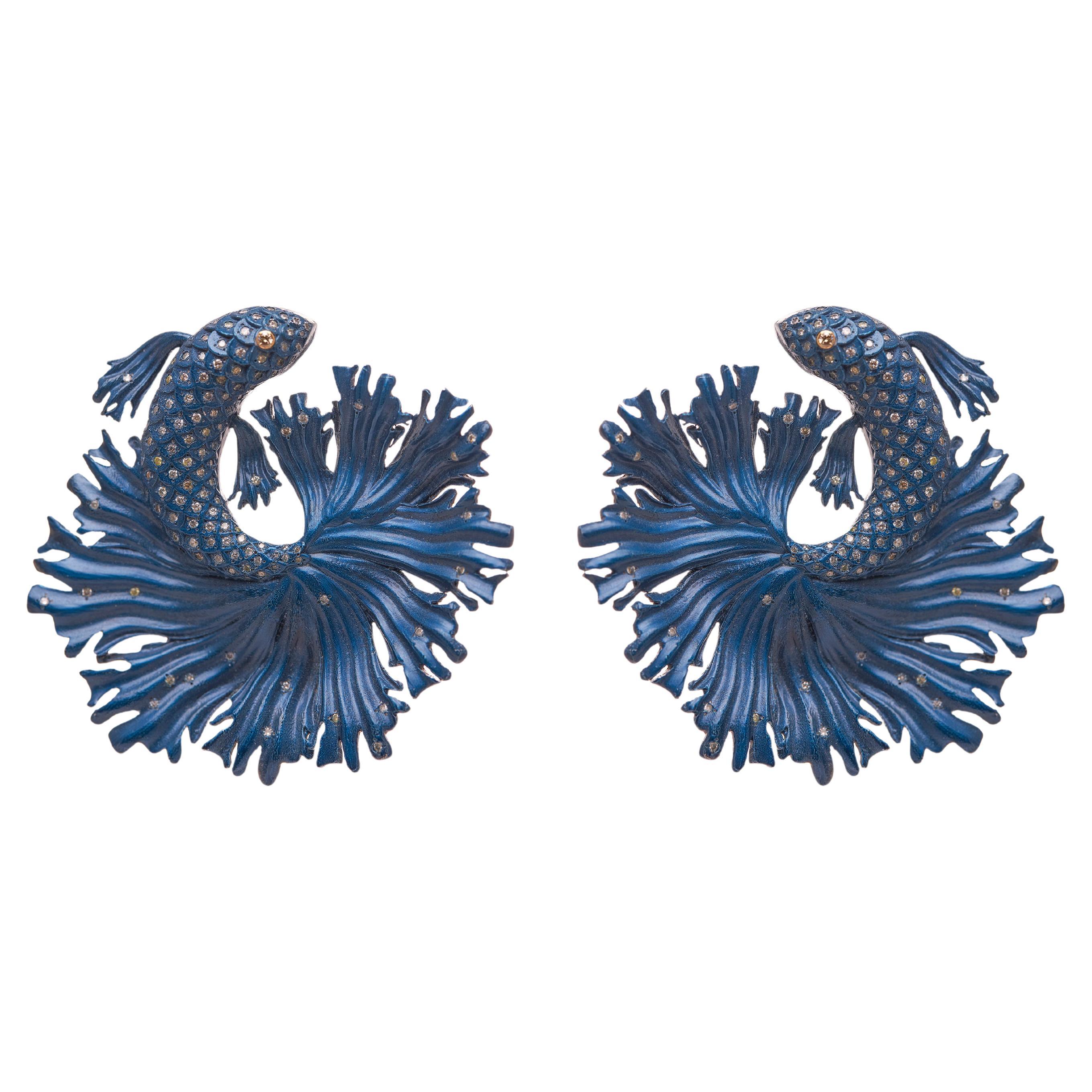 Pendientes Gran Pez Luchador Siamés Azul Aluminio reciclado, oro de 18 quilates y diamante en venta