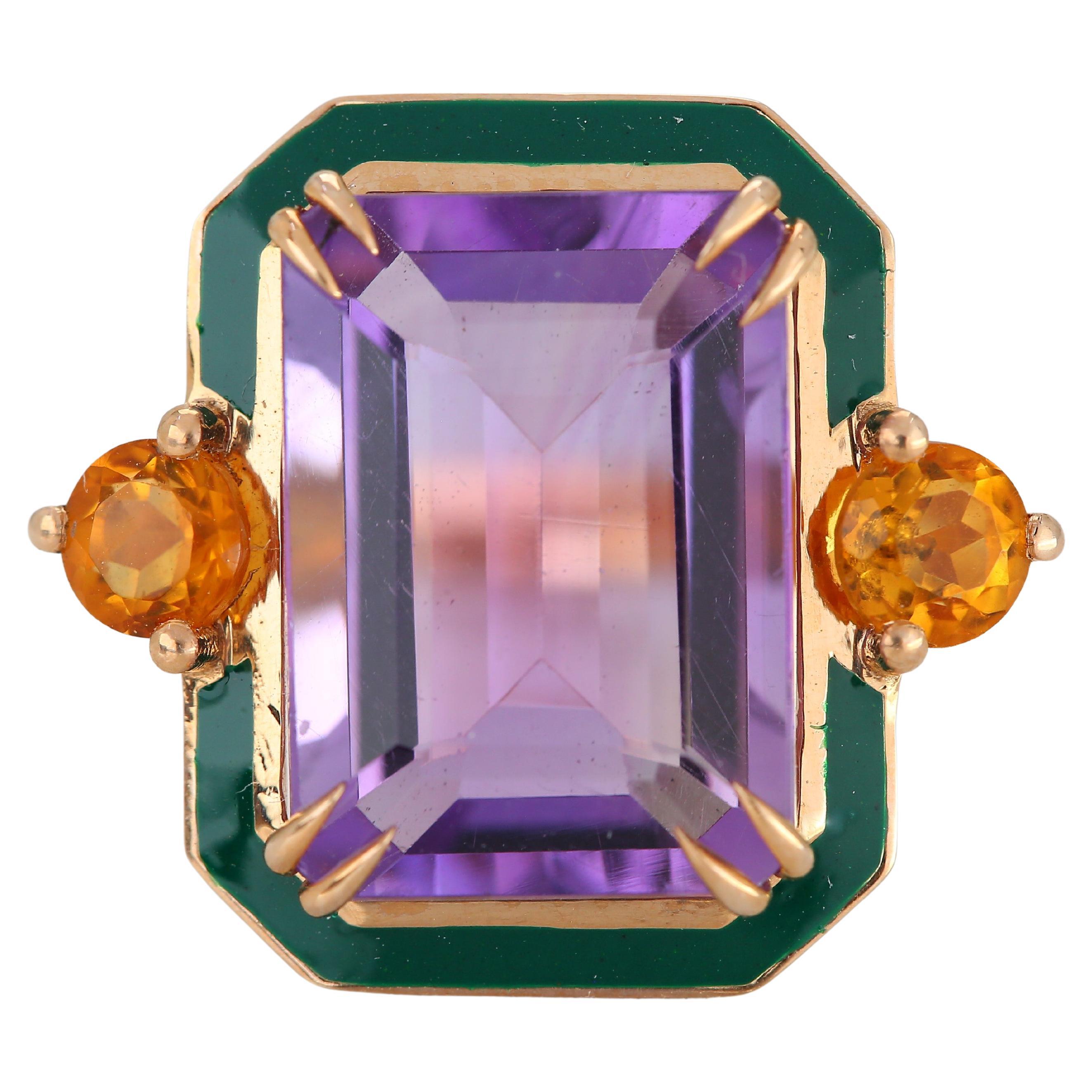 Art Deco Style 6.20 Ct Amethyst and Citrine 14K Gold Cocktail Ring