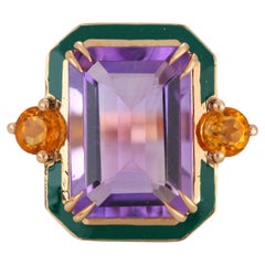 Bague cocktail en or 14 carats de style Art déco avec améthyste de 6,20 carats et citrine