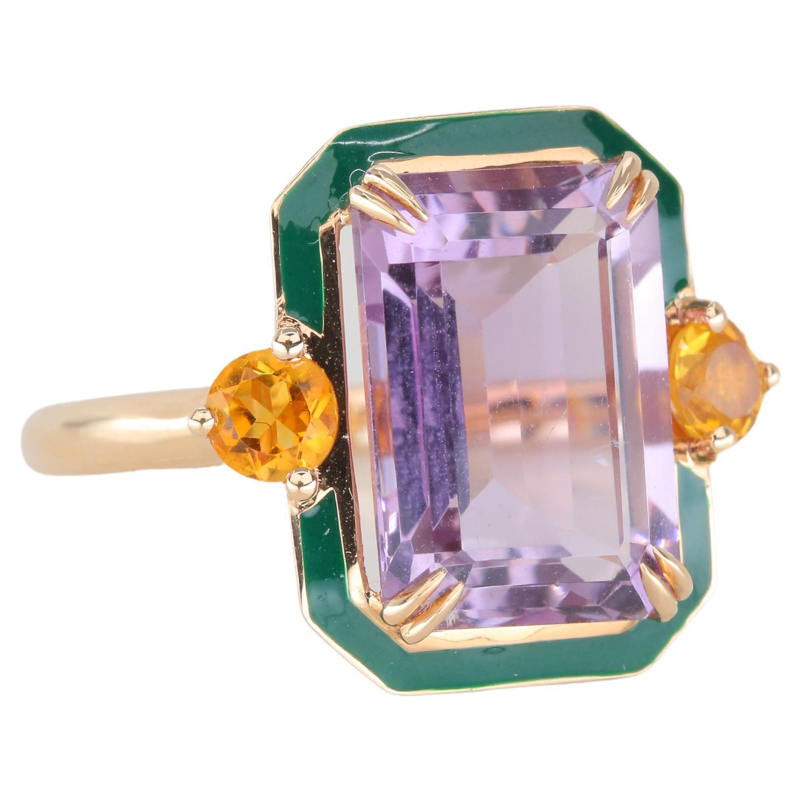 Art Deco Style 6.20 Ct Amethyst and Citrine 14K Gold Cocktail Ring