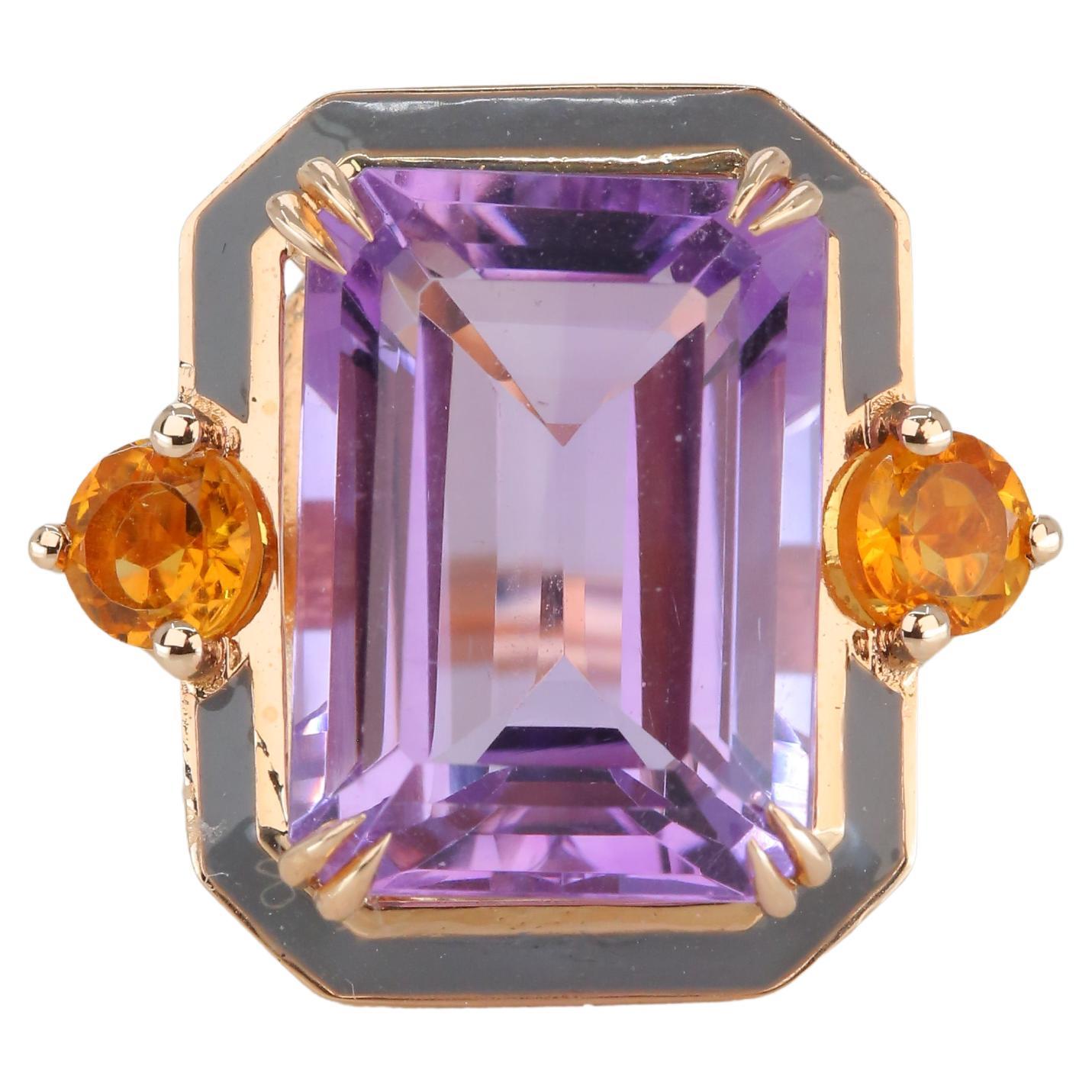 Cocktailring aus 14 Karat Gold mit grauem, emailliertem Amethyst und Citrin im Art-déco-Stil
