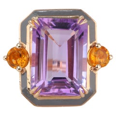 Bague cocktail de style Art déco en or 14 carats, améthyste grise, émaillée et citrine
