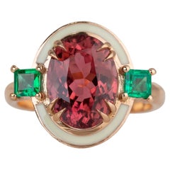 Art Deco Style 3.30 Ct Tourmaline and Emerald 14K Gold Cocktail Ring