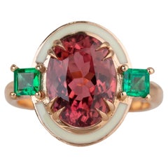 Bague cocktail en or 14K de style art déco avec tourmaline et émeraude de 3,30 ct