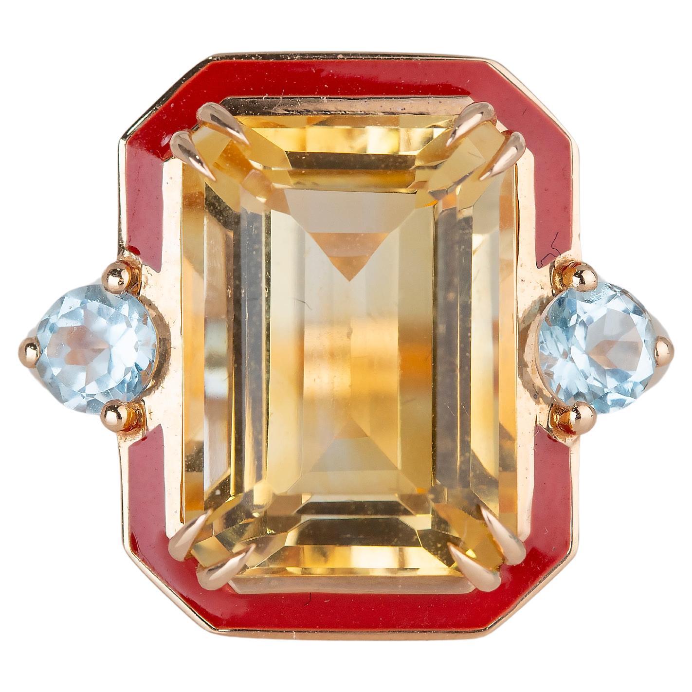 Art Deco Style 5.80 Ct Red Enameled Citrine and Sky Topaz 14K Gold Cocktail Ring