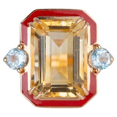 Bague cocktail en or 14 carats de style Art déco avec citrine rouge émaillée de 5,80 carats et topaze ciel