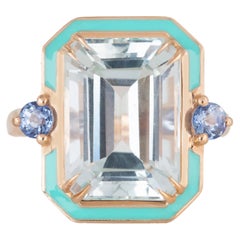 Art Deco Style 6.90 Ct. Blue Topaz and Ceylon Sapphire 14K Gold Cocktail Ring