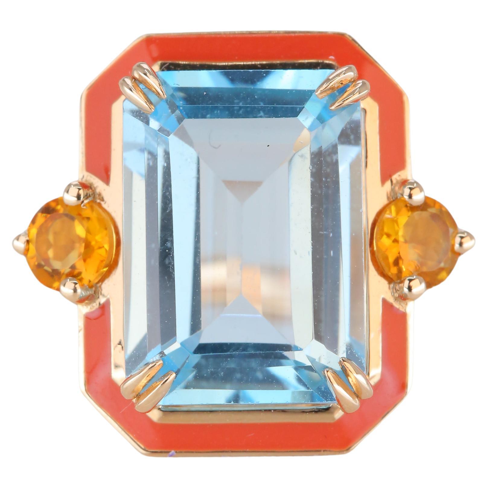 14K Gold Artdeco Style Enameled Cocktail Ring with 5.68 Ct Sky Topaz and Citrine
